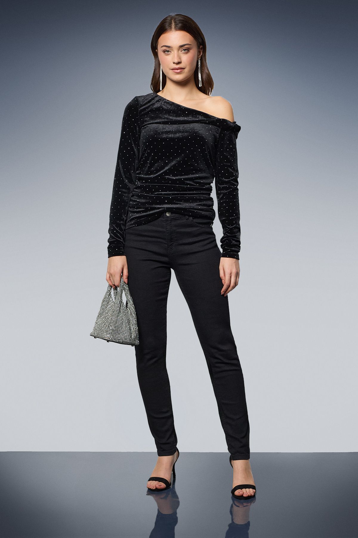 Dorothy Perkins Diamante Velvet Bardot Long Sleeve Top Black