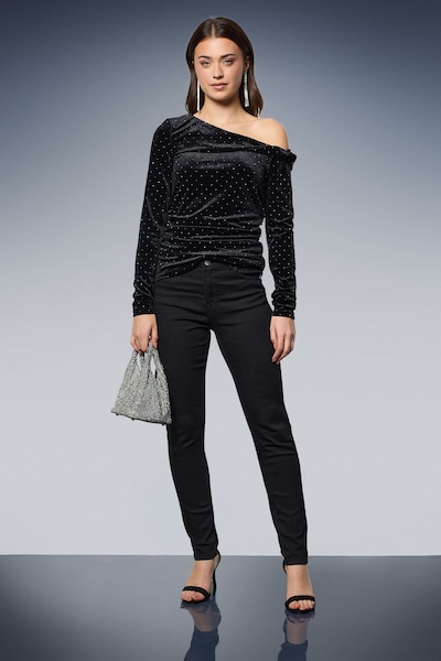 Dorothy Perkins Diamante Velvet Bardot Long Sleeve Top Black