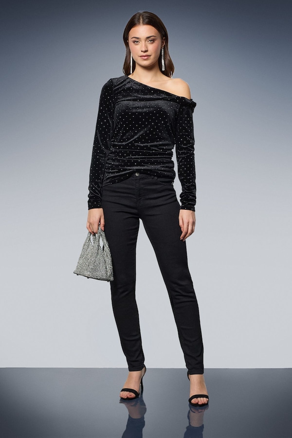 Dorothy Perkins Diamante Velvet Bardot Long Sleeve Top Black