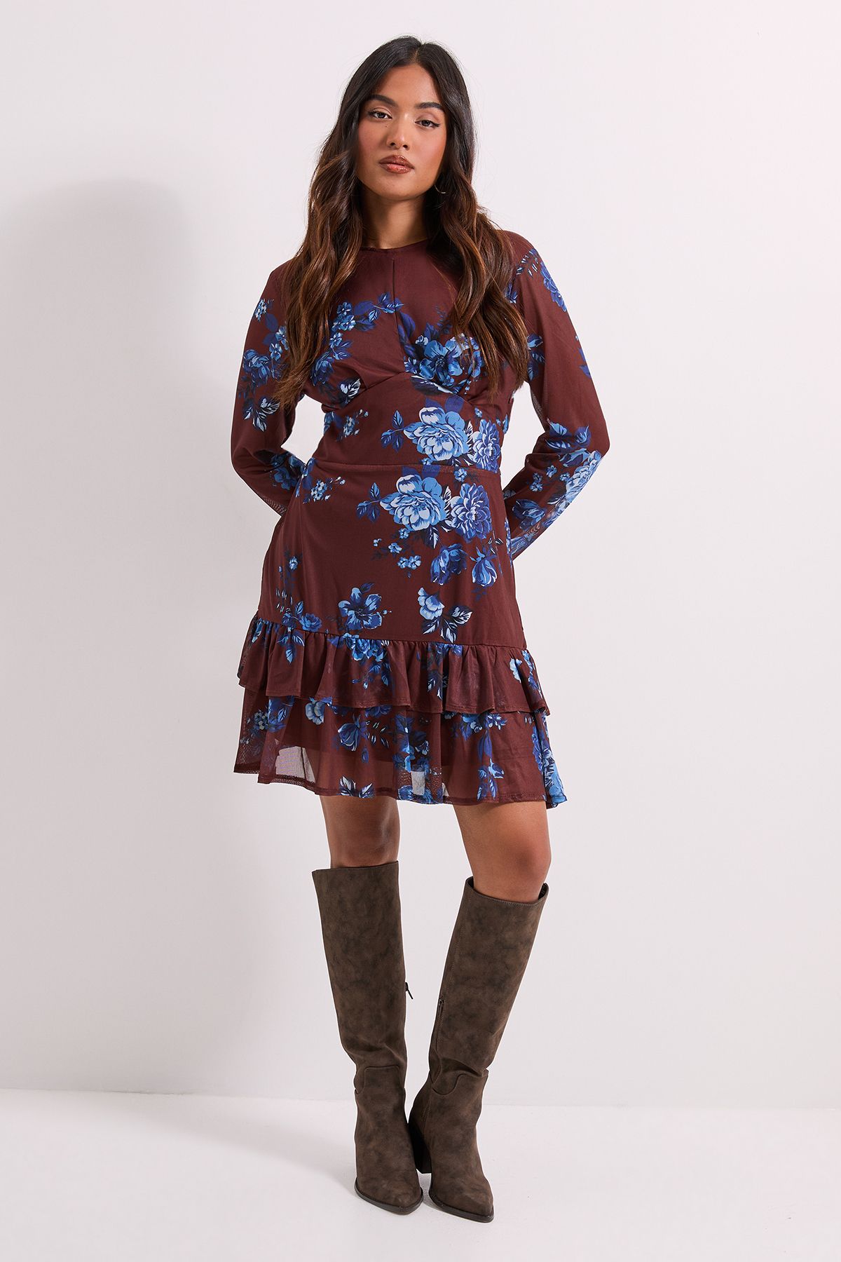 Dorothy Perkins Petite Tiered Skirt Printed Mesh Mini Dress Blue image 1