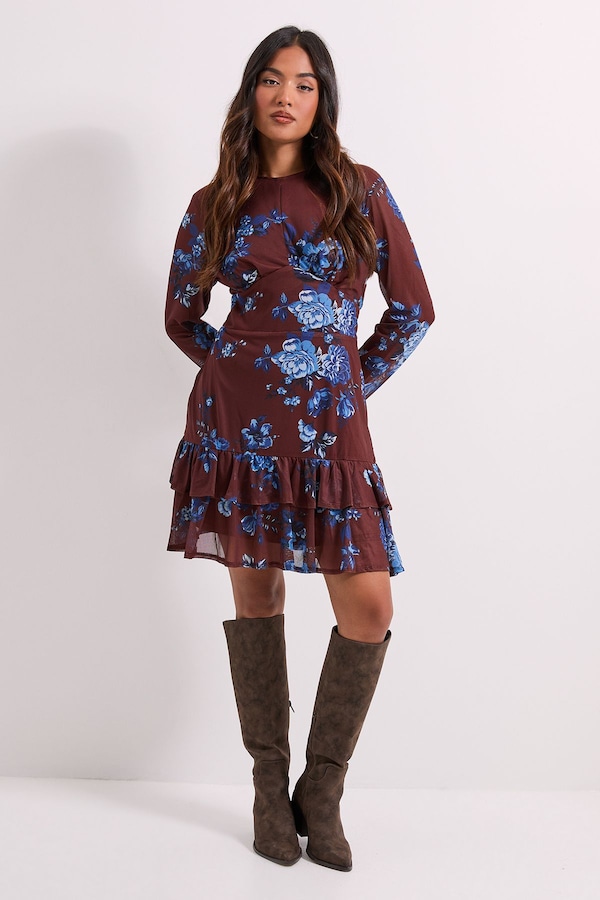 Dorothy Perkins Petite Tiered Skirt Printed Mesh Mini Dress Blue