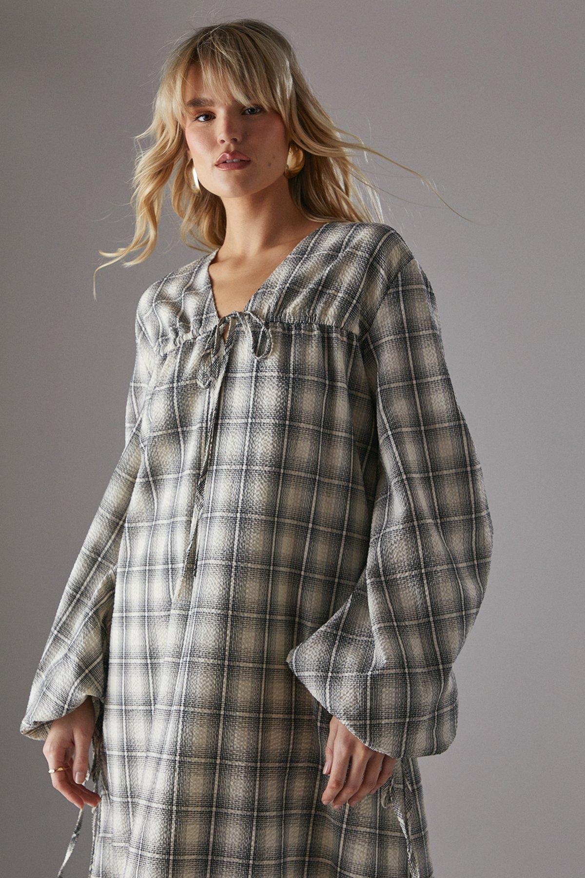 Warehouse Gathered Channel Detail Check Midi Smock Dress Ivory image 2