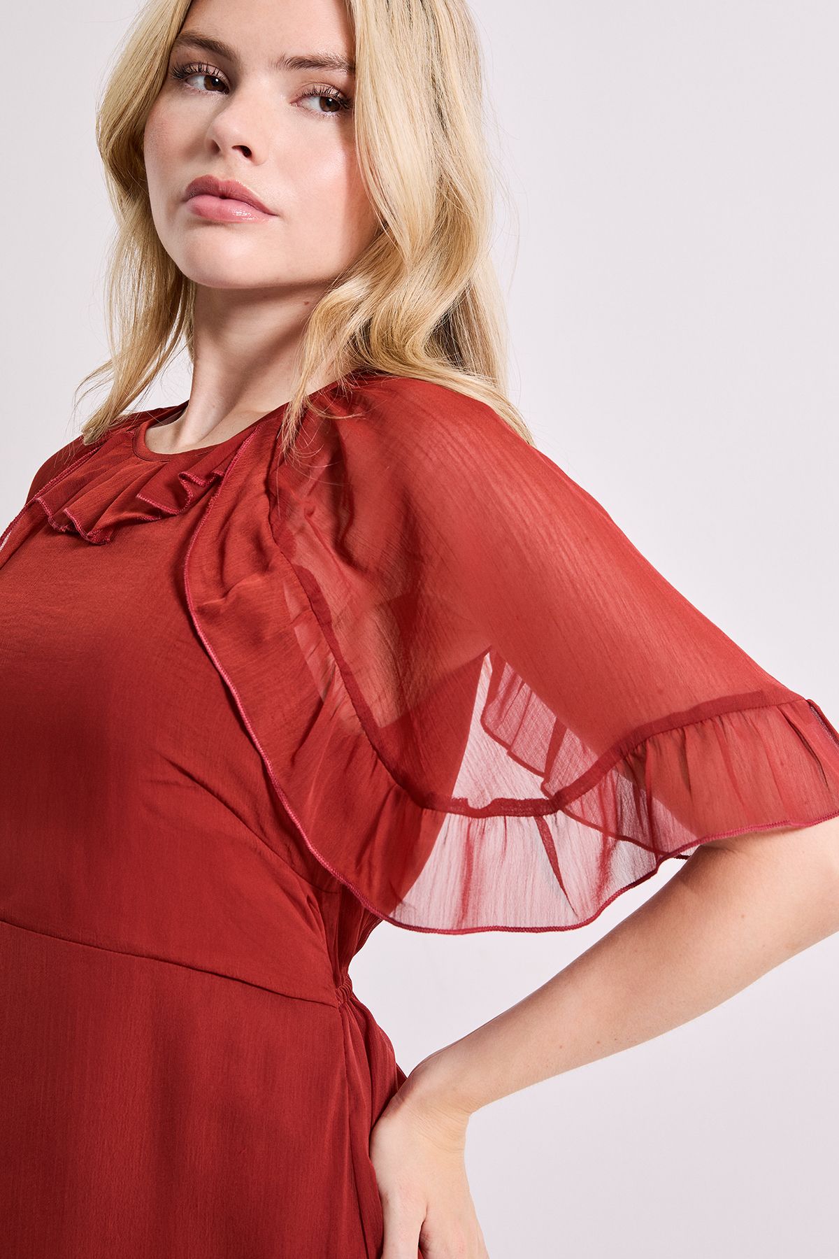 Dorothy Perkins Frill Cape Sleeve Tiered Chiffon Midi Dress Brown image 4