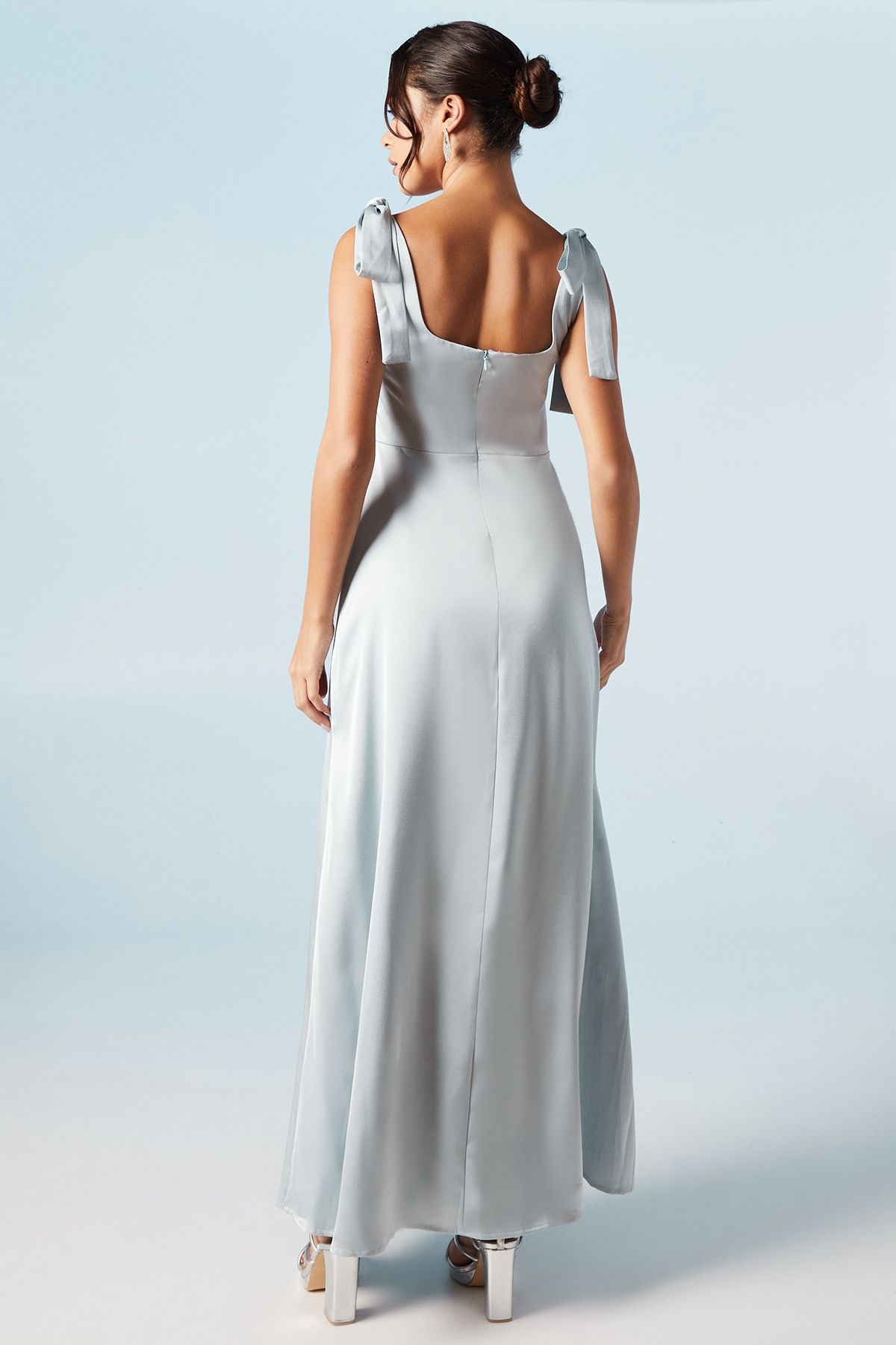 Oasis Satin Tie Shoulder Midi Bridesmaid Dress Light Blue image 3