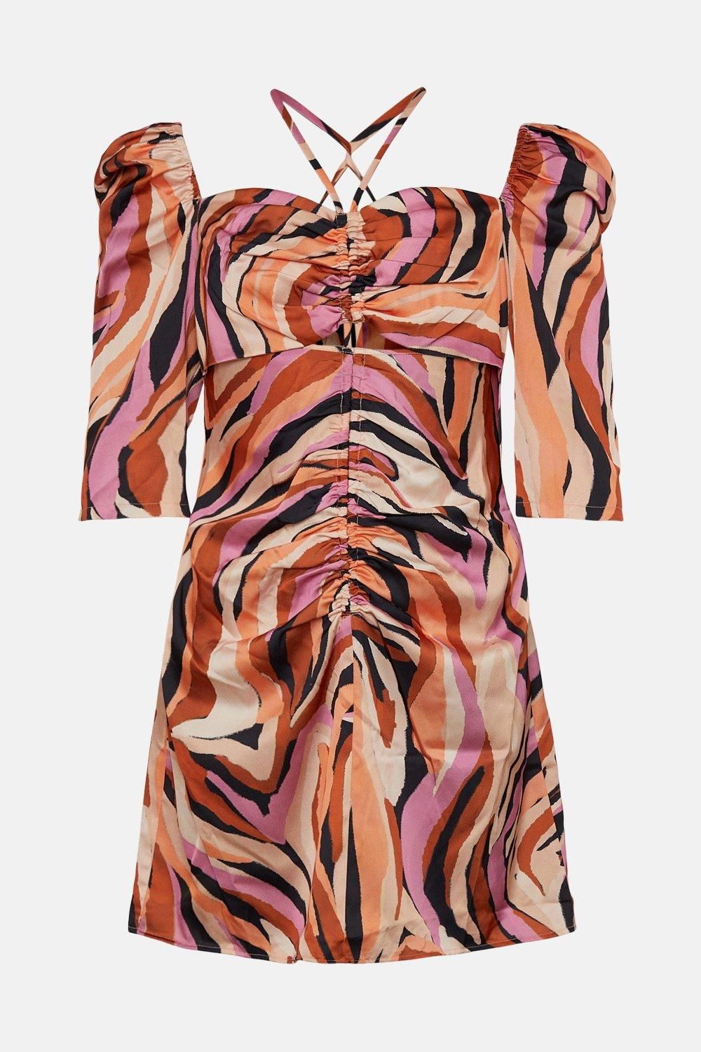 Warehouse Print Cut Out Mini Dress Orange image 4