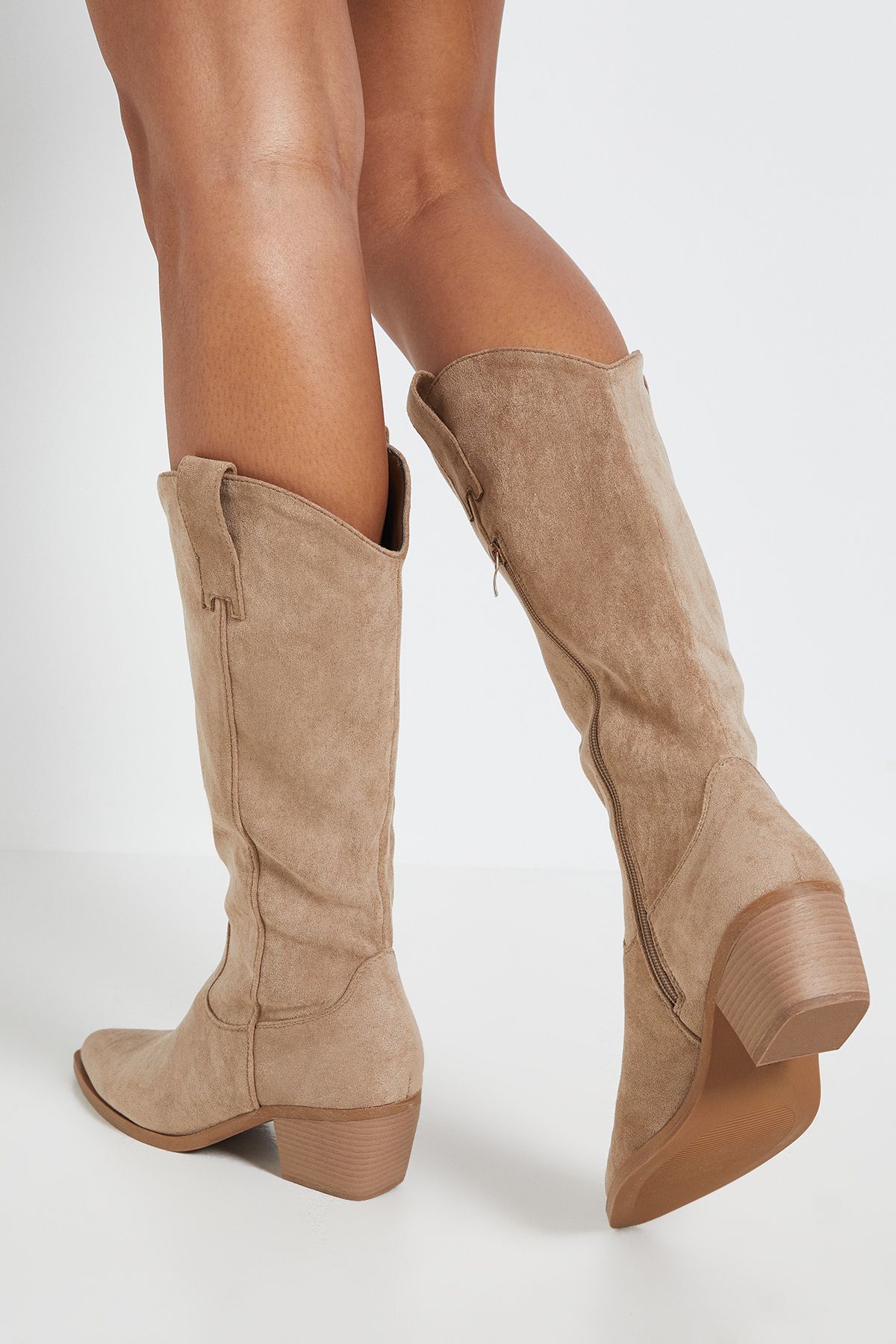 Dorothy Perkins Maya Faux Suede Western Calf Boots Beige image 3