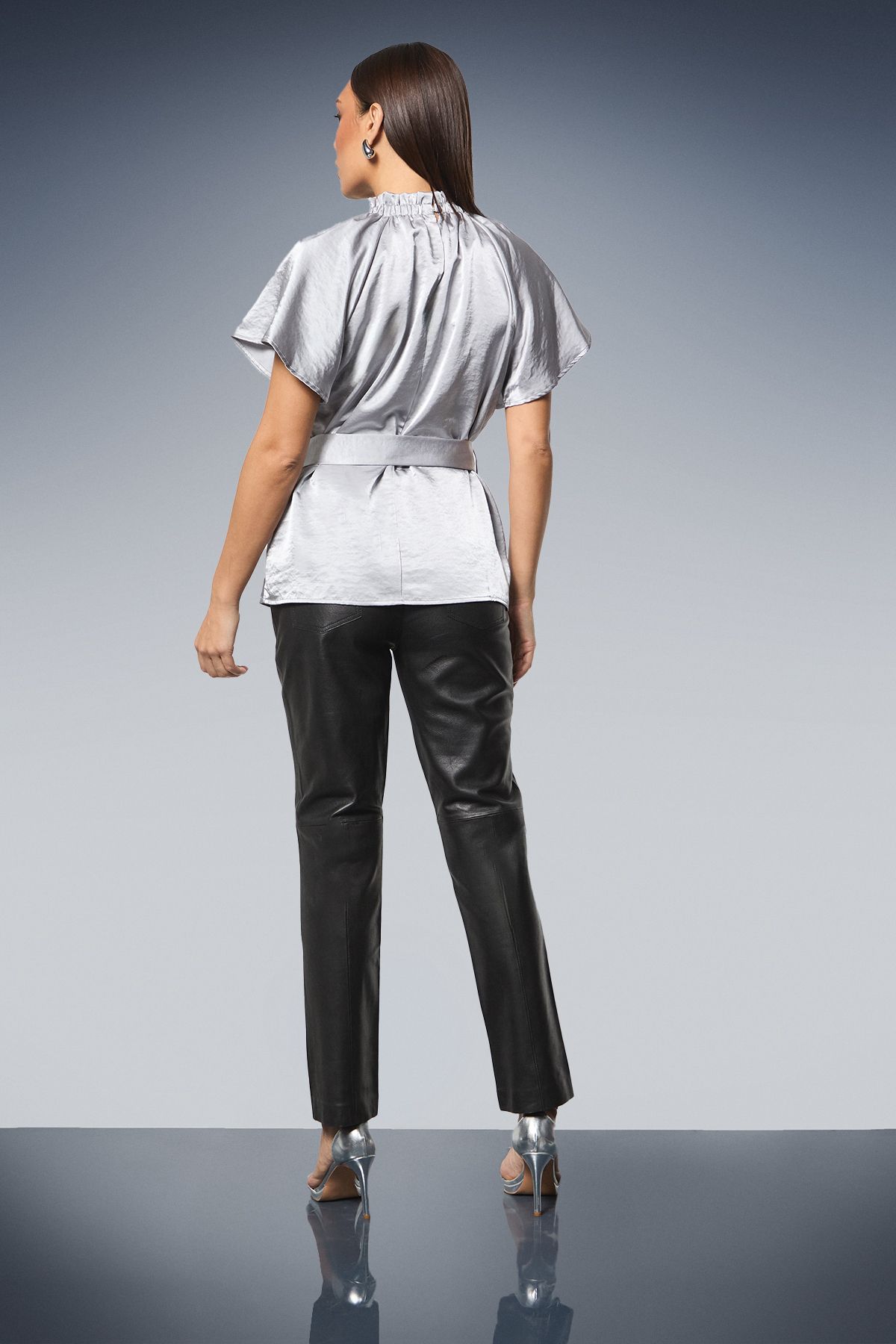 Principles Gathered Neck Tie Waist Satin Blouse Silver image 3