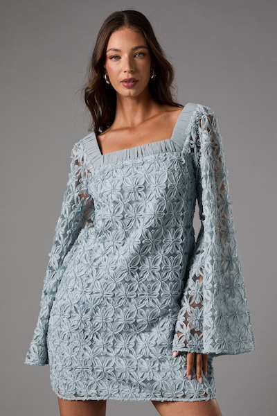 Coast Long Sleeve Square Neck Embroidered Mini Dress Blue