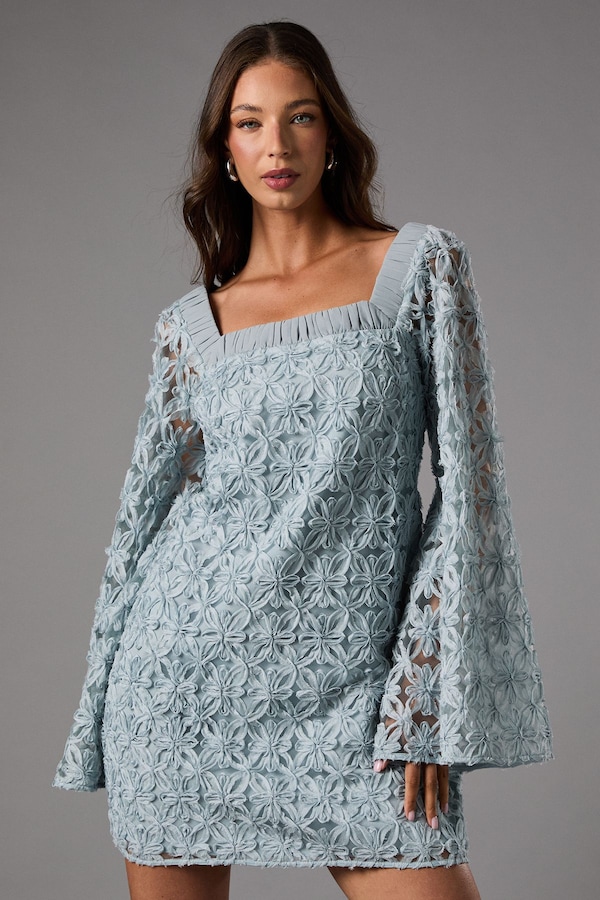 Coast Long Sleeve Square Neck Embroidered Mini Dress Blue