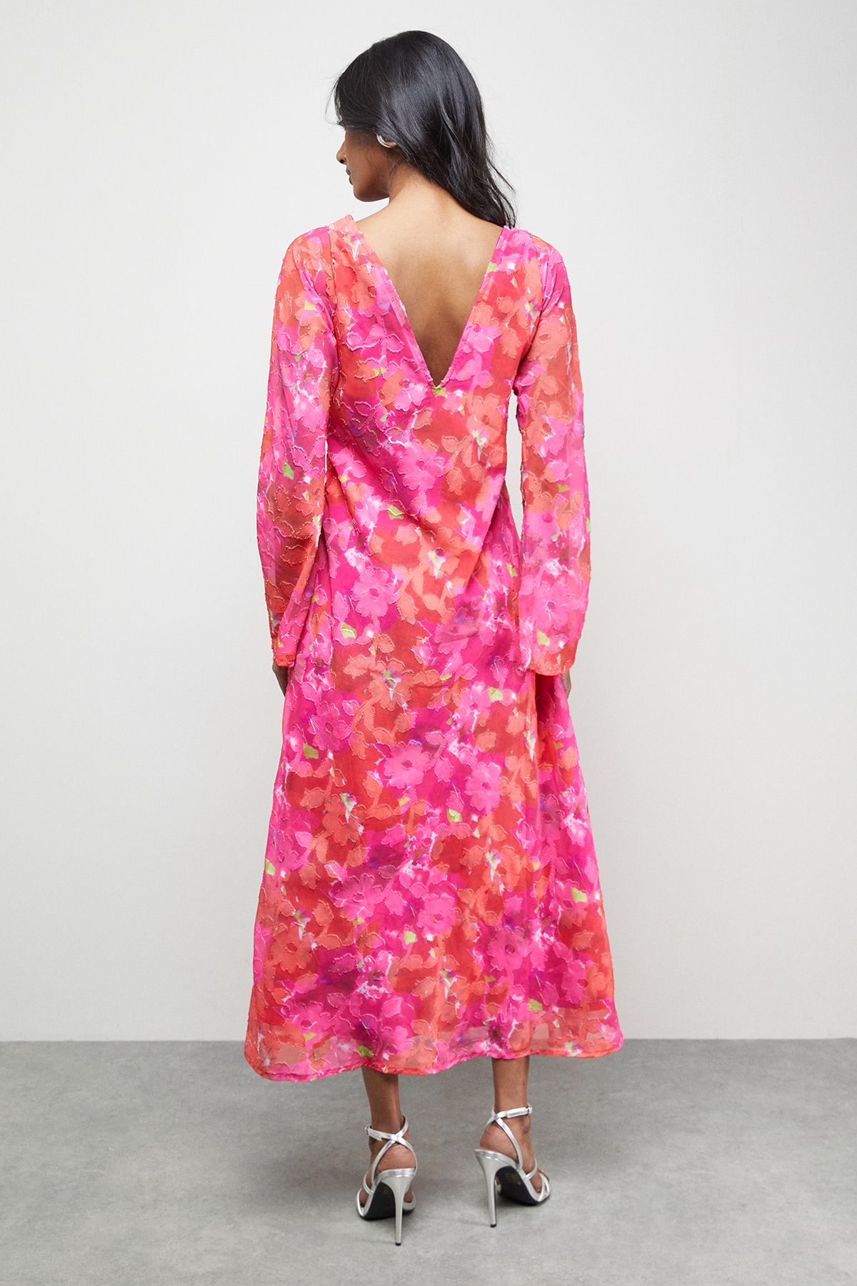 Warehouse Burnout Floral Chiffon Slash Neck Bias Midi Dress Pink image 3