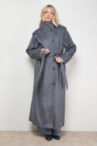 Oasis Funnel Sleeve Detail Belted Coat Grey