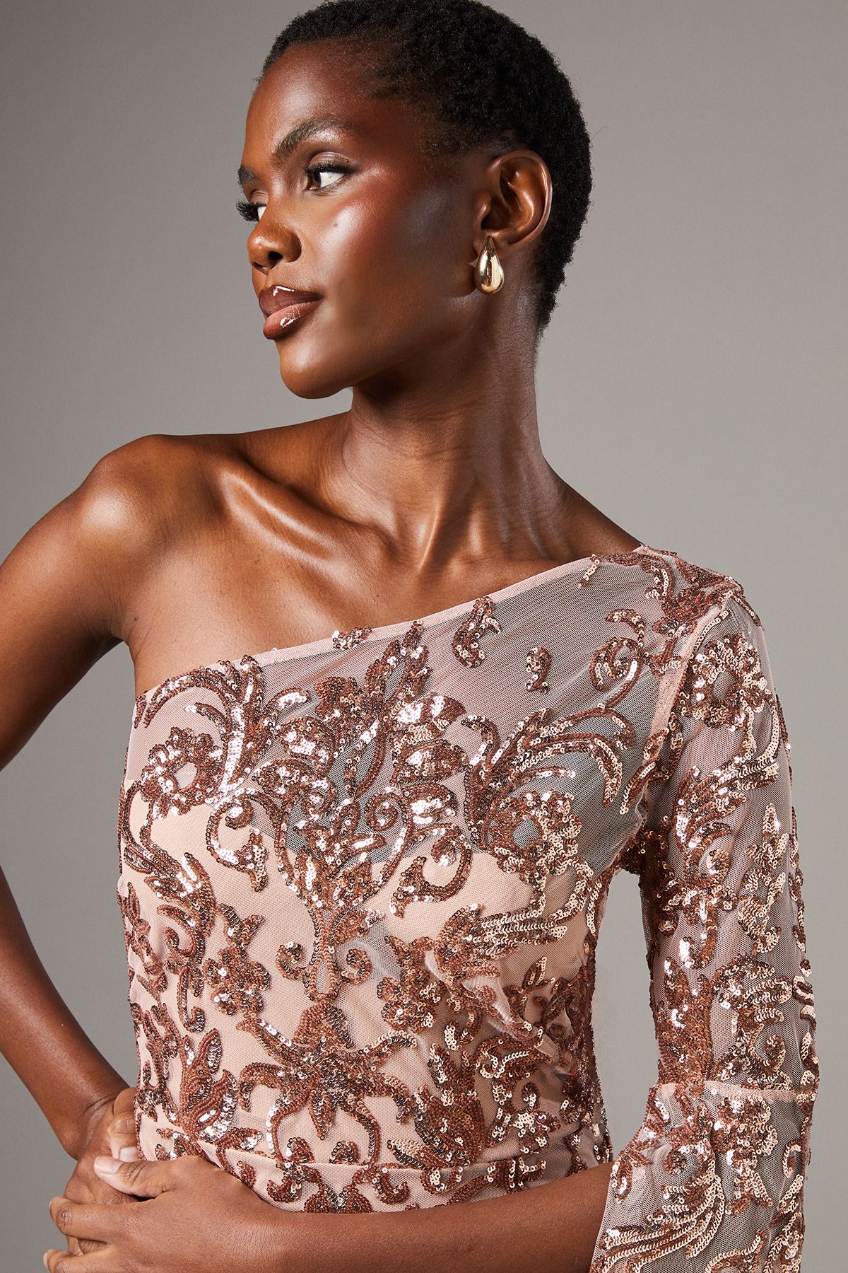 Coast One Shoulder Maxi Dress In Lace With Cape Sleeve Champagne image 4