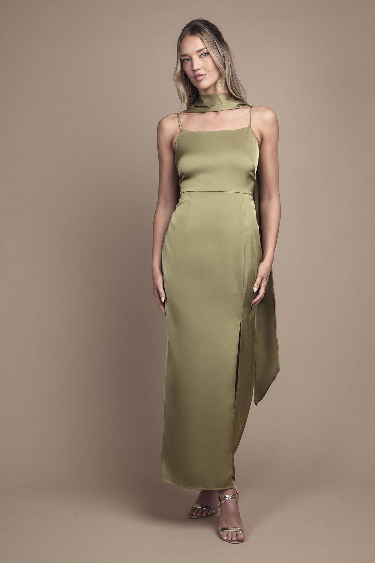 Oasis Oasis By Coast Strappy Satin Maxi Bridesmaid Dress with Scarf Olive