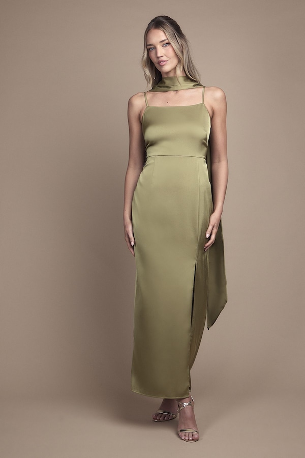 Oasis Oasis Strappy Satin Maxi Bridesmaid Dress with Scarf Olive