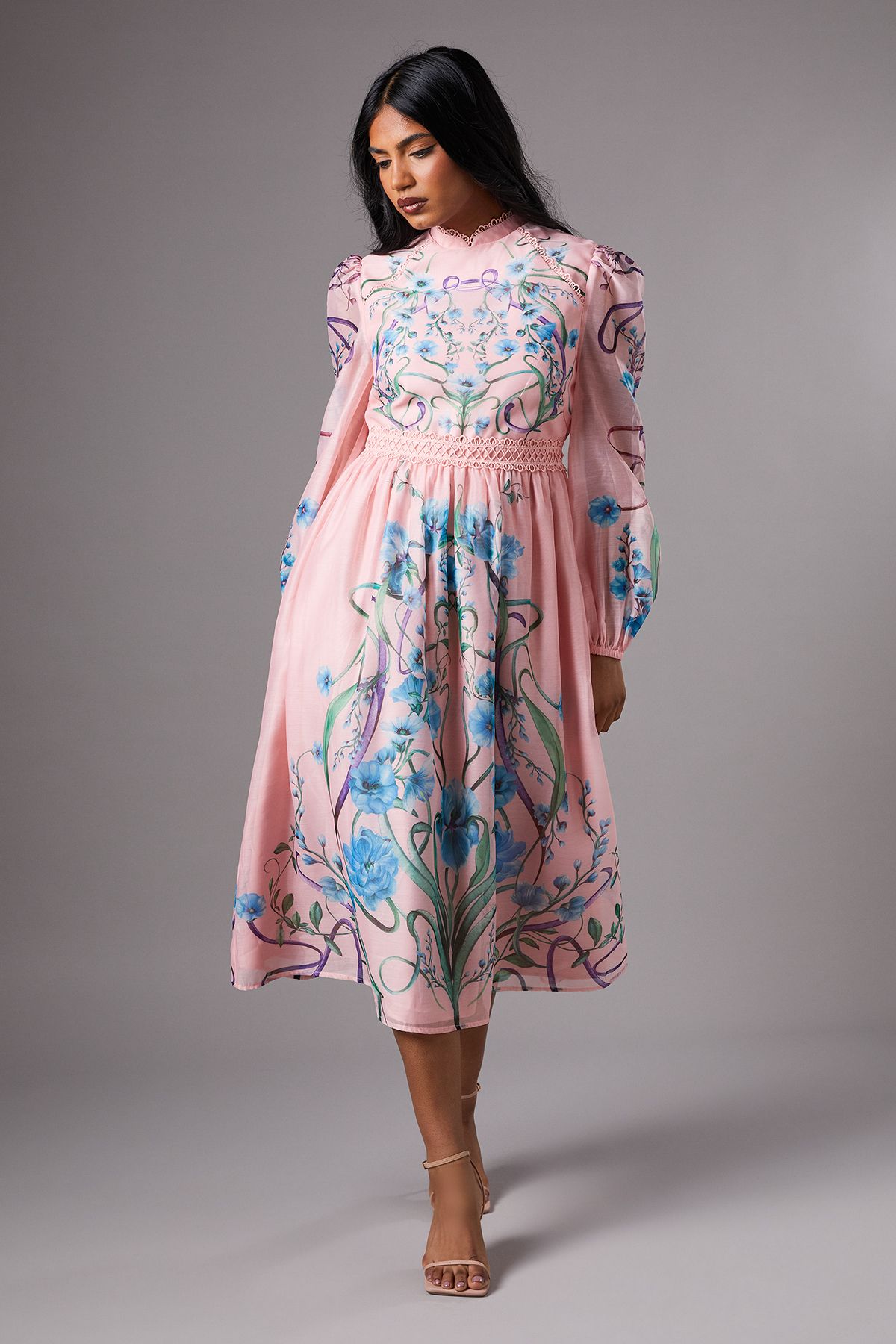 Coast Petite Burnout Printed Midi Dress With Blouson Sleeve Pink image 1