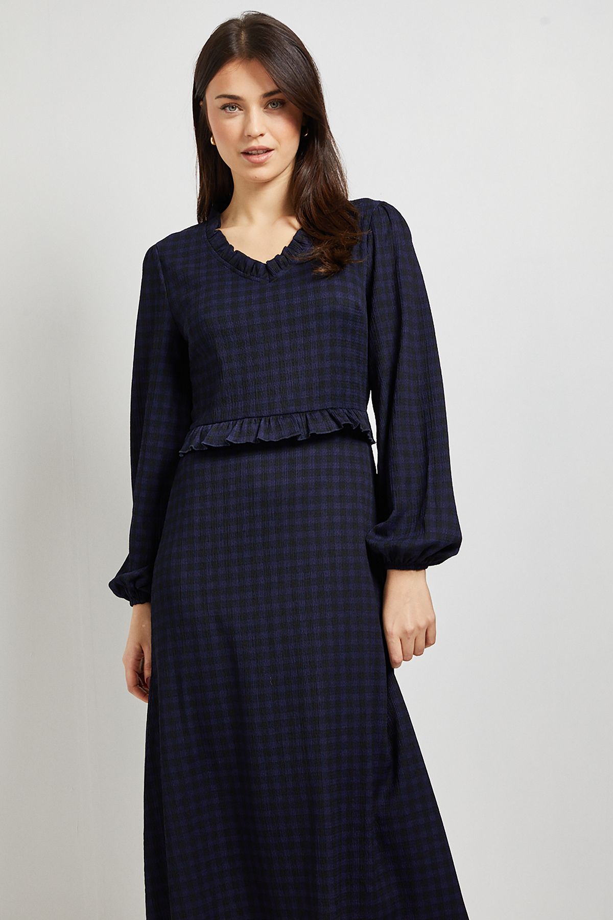 Dorothy Perkins Gingham Frill Scoop Neck Blouson Sleeve Jersey Midi Dress Gingham image 4