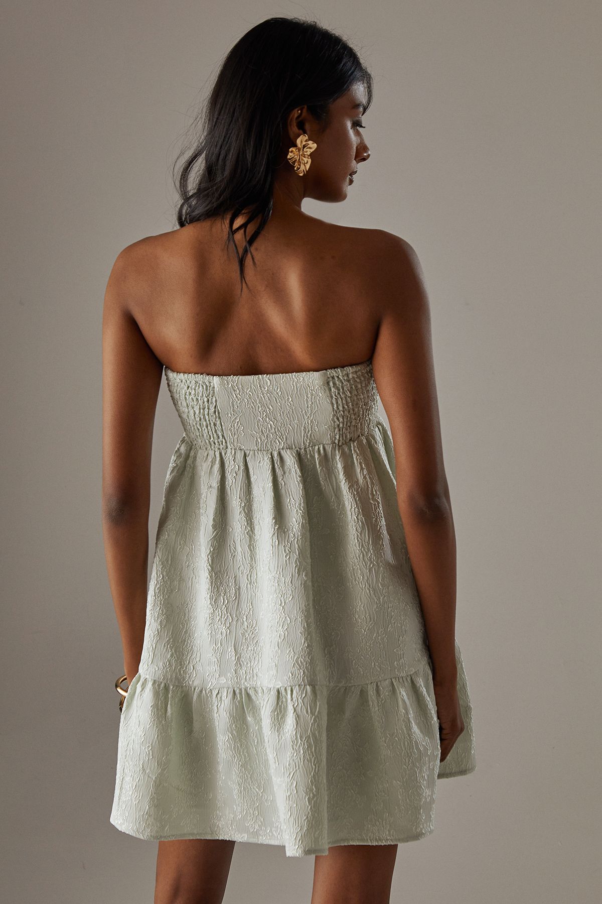 Warehouse Jacquard Shirred Bandeau Bellow Pocket Mini Dress Sage image 3