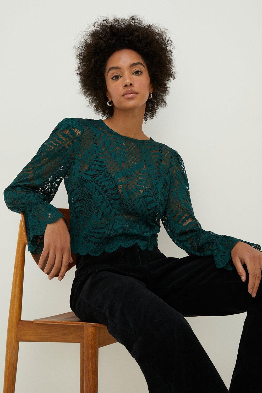 Oasis Long Sleeved Delicate Lace Top Green image 2