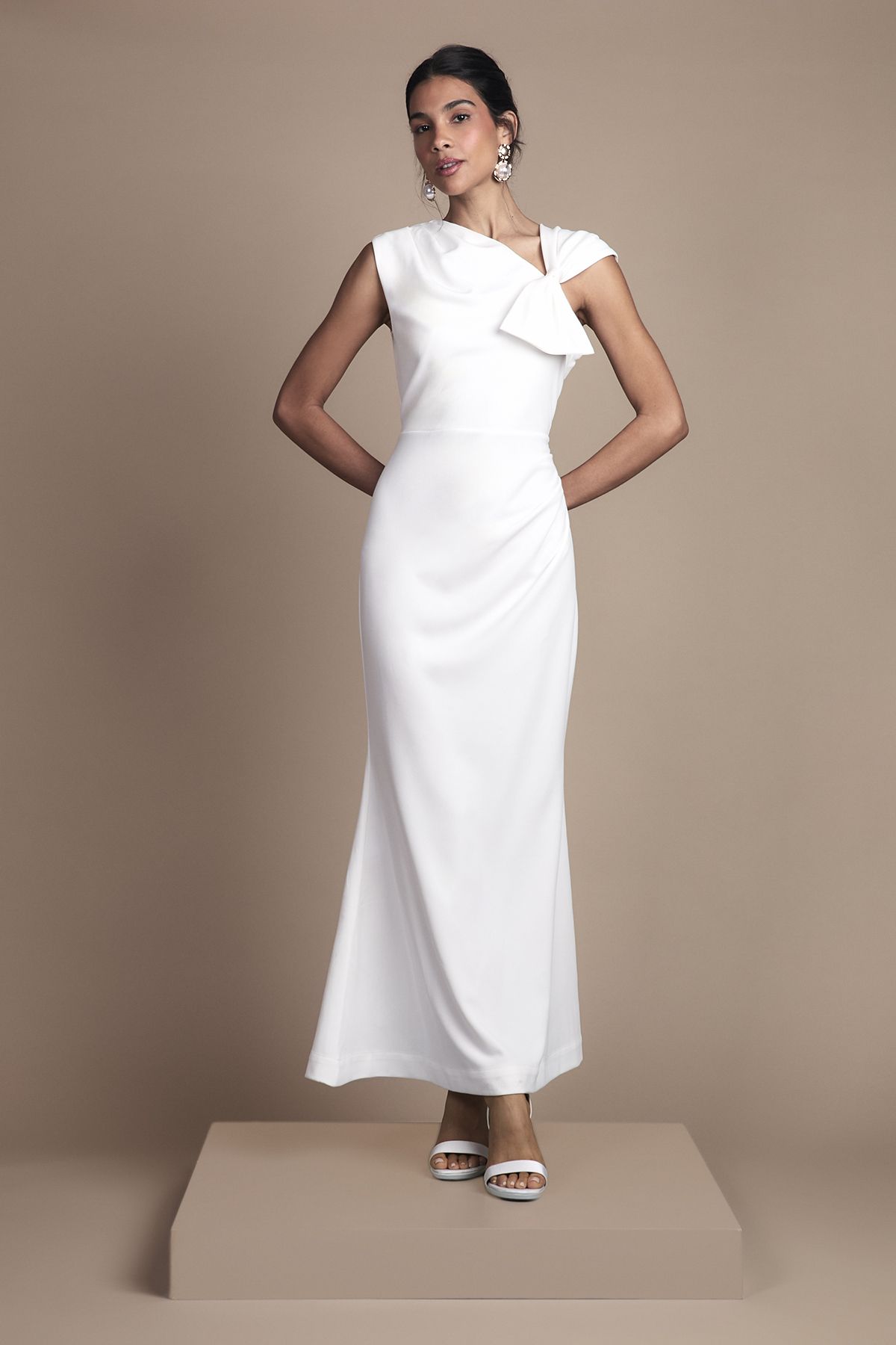 Coast Asymetric Neckline with Bow Detail Crepe Midi Wedding Dress Ivory image 1