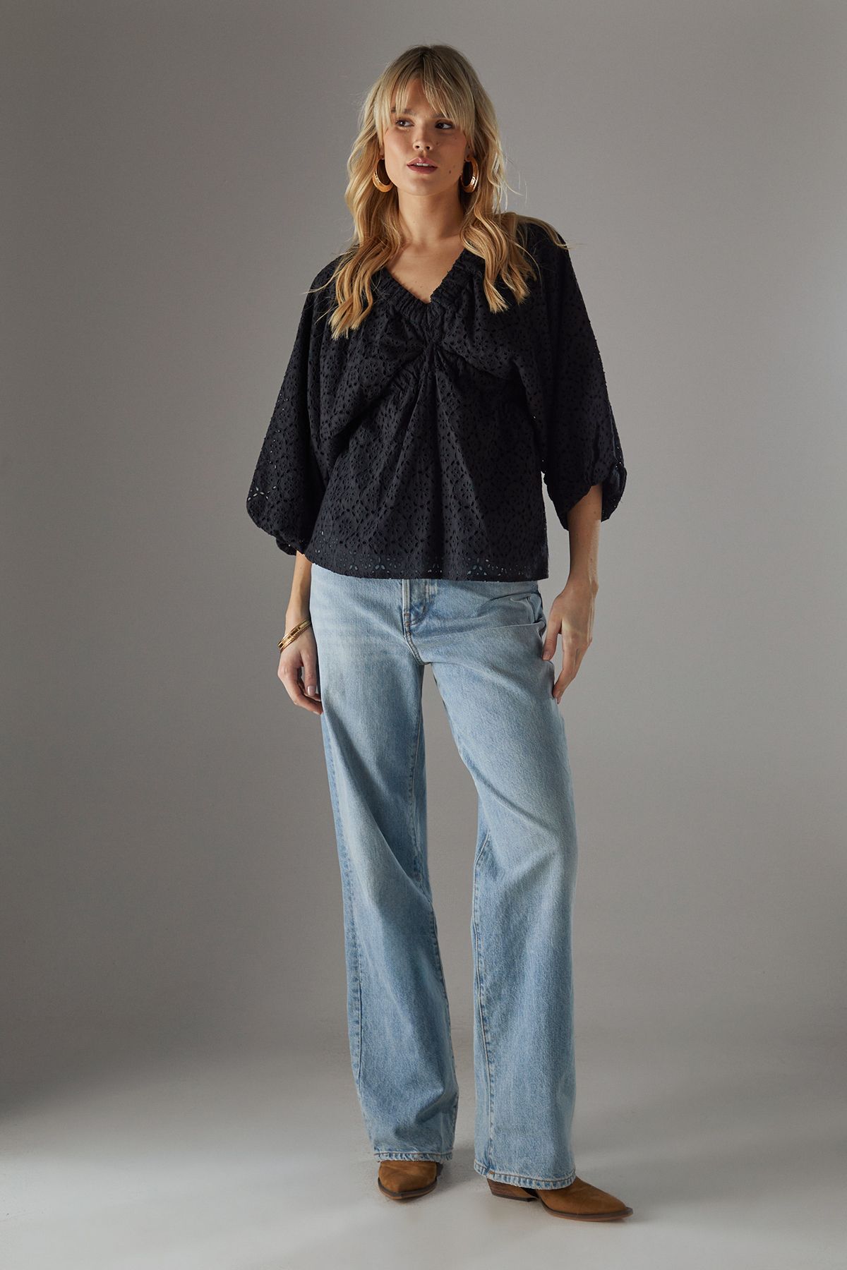 Warehouse Blouson Broderie Top With Grown On Sleeve Black image 3