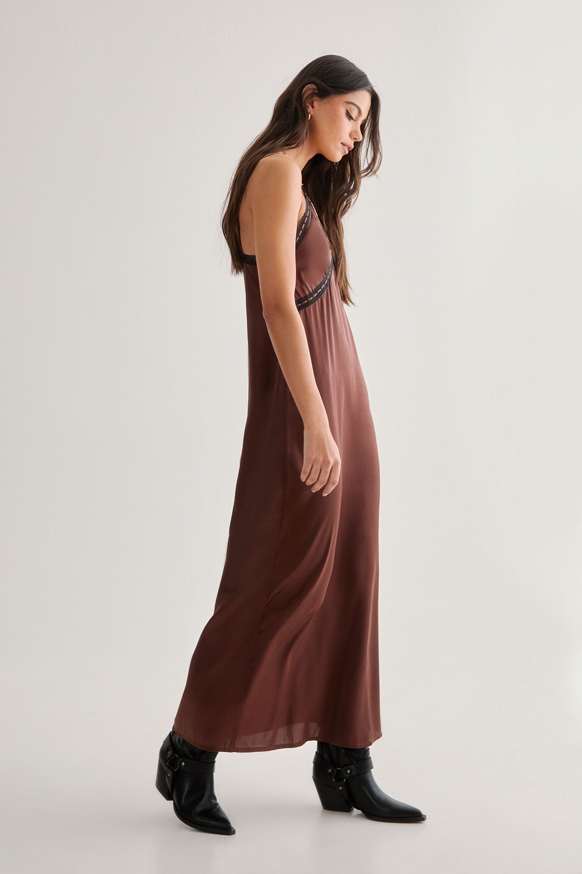 NastyGal Satin Ribbon Lace Trim Maxi Slip Dress Chocolate image 3