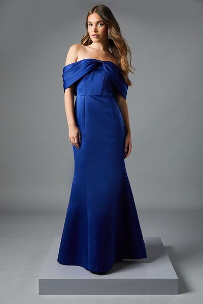 Coast Bardot Bow Effect Fishtail Maxi Occasion Dress Blue