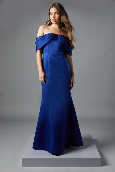 Coast Bardot Bow Effect Fishtail Maxi Occasion Dress Blue