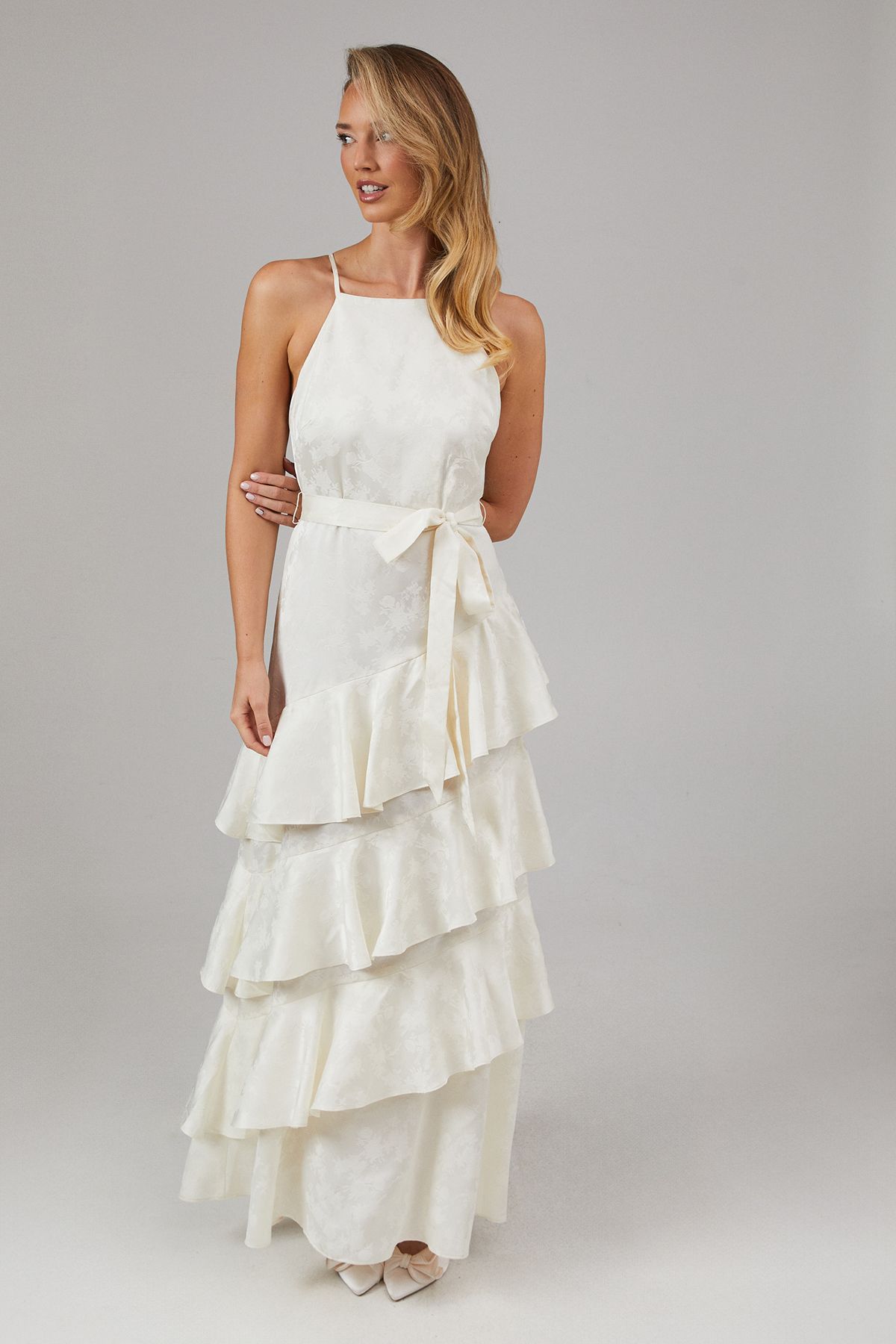 Oasis Satin Jacquard Ruffle Halter Neck Bridesmaid Dress Champagne image 1