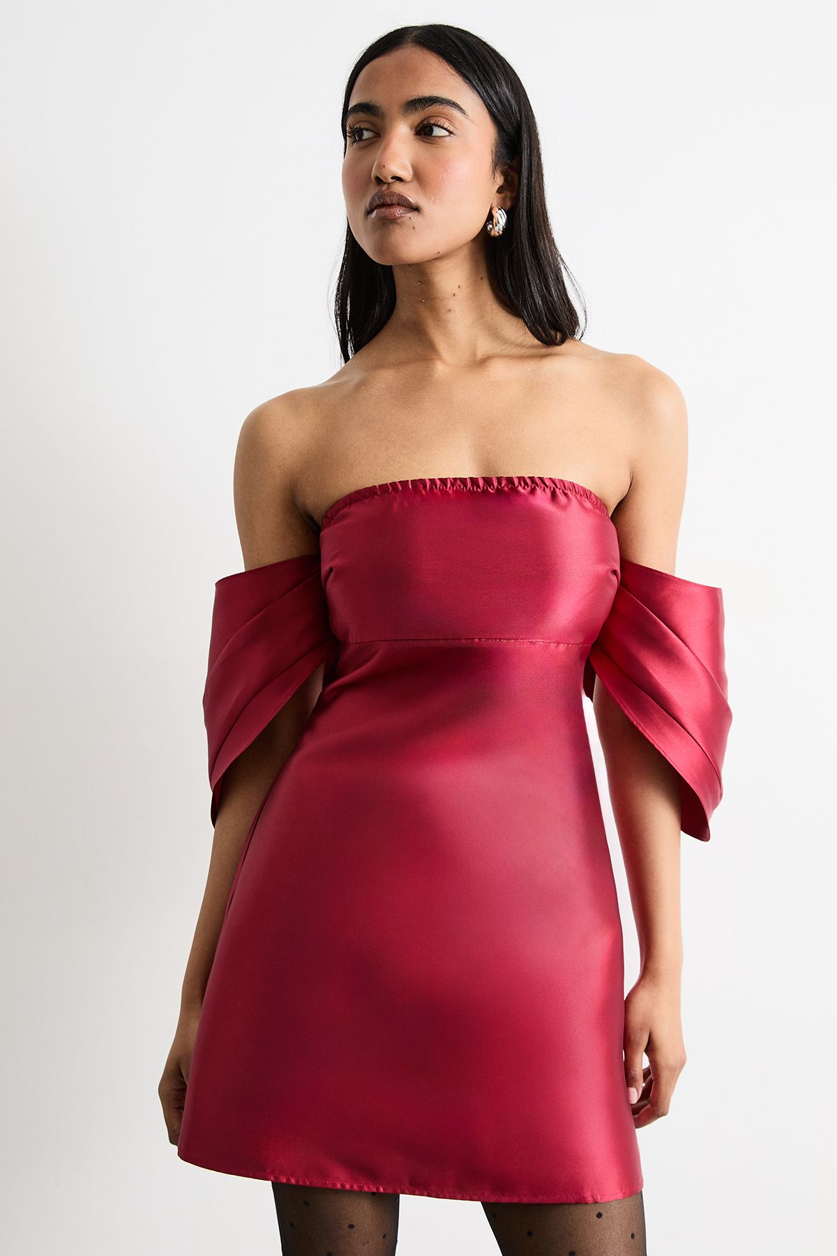 Warehouse Structured Puff Sleeve Bardot Mini Dress Dark Red