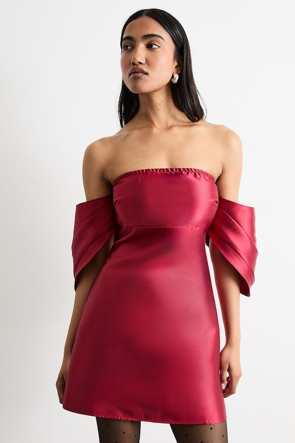 Warehouse Structured Puff Sleeve Bardot Mini Dress Dark Red