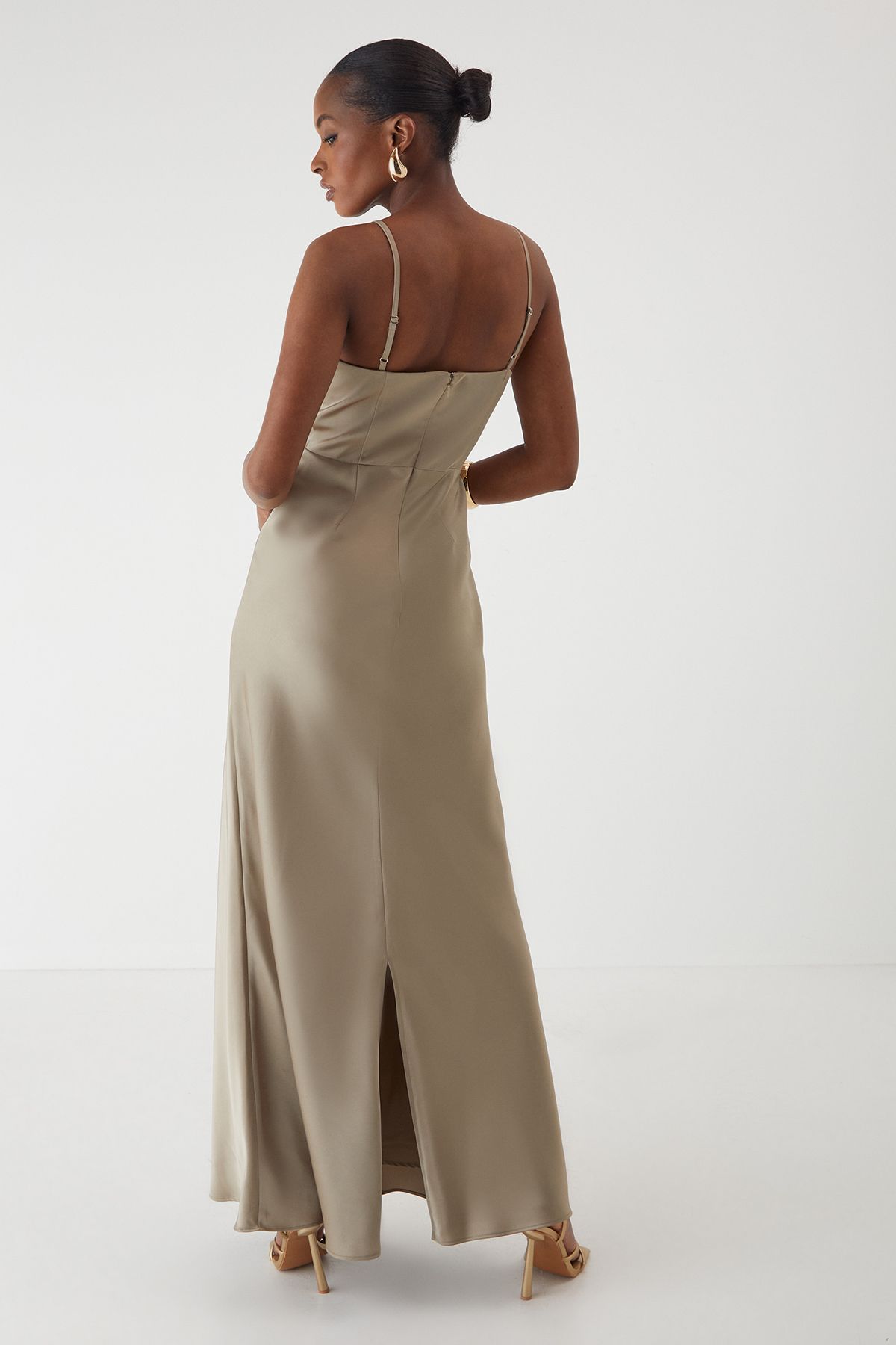 MissPap Satin Cup Drape Bust Maxi Dress Bronze image 3