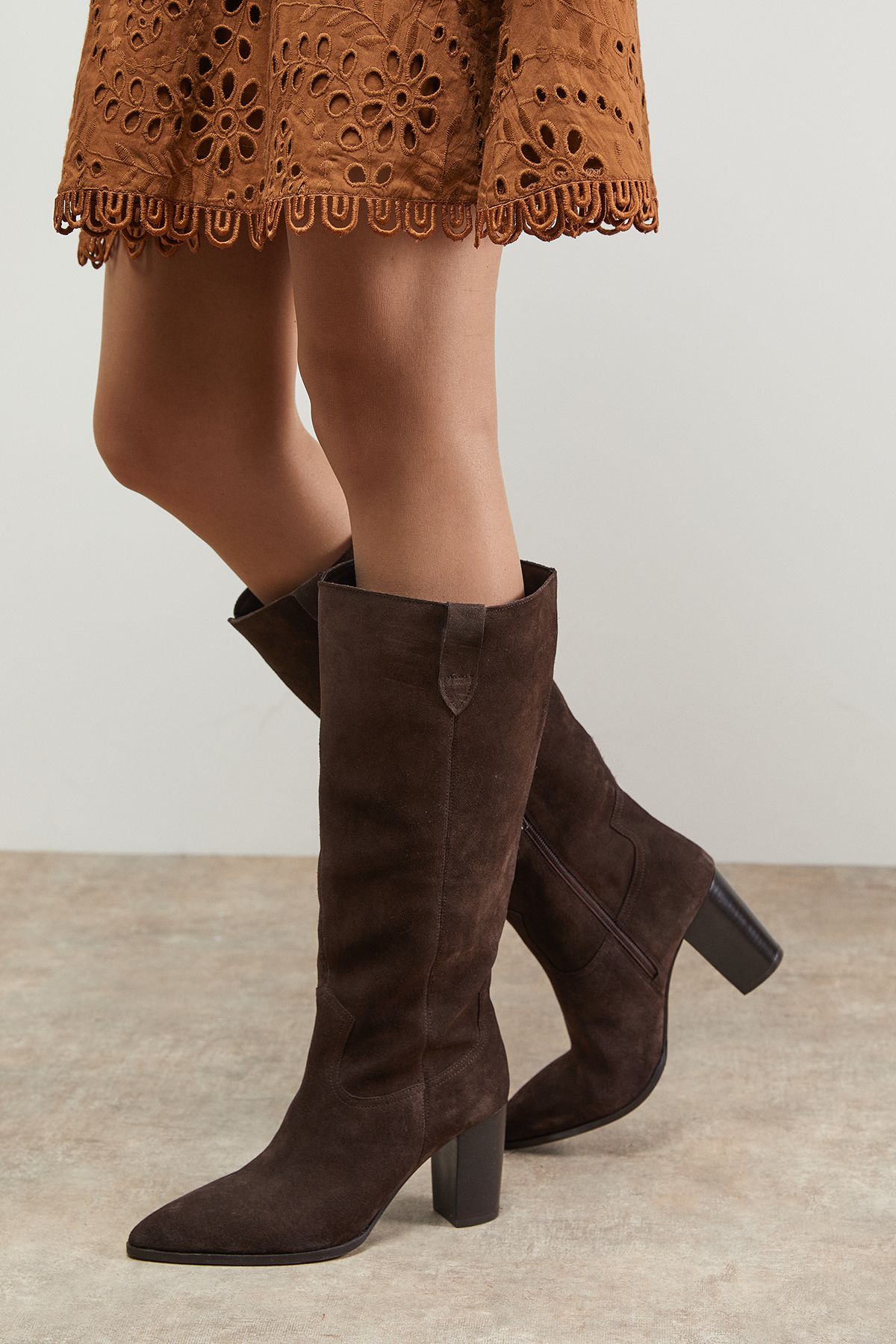 Oasis Kresta Suede High Block Heel Knee Boots Chocolate