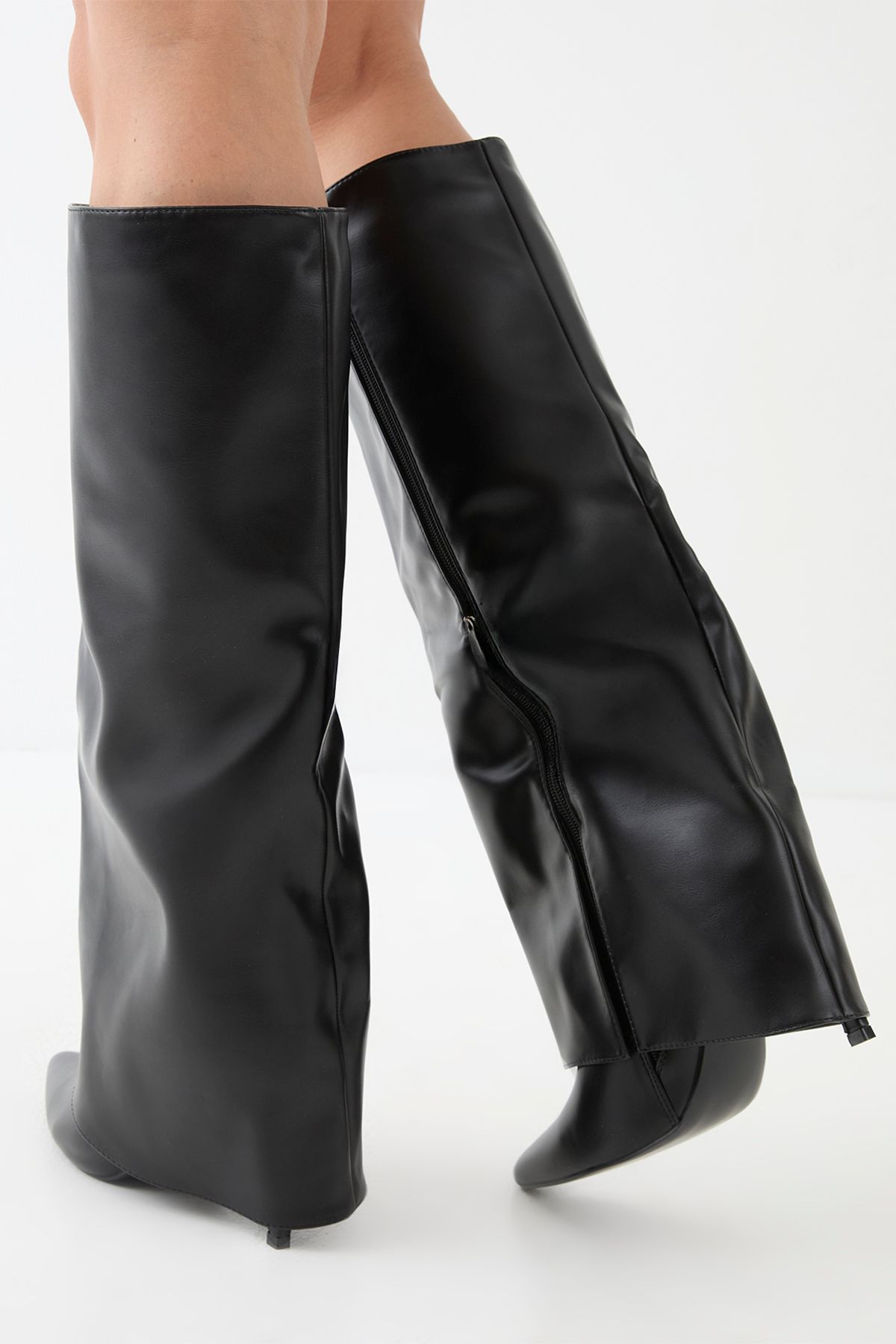 MissPap Faux Leather Foldover High Stiletto Knee High Boots Black image 3