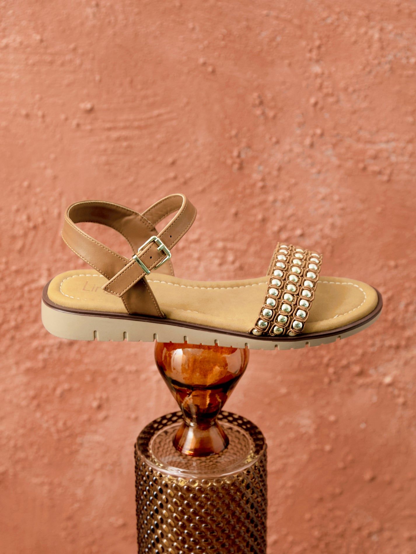 Linzi Electra Tan Faux Leather Studded Flat Sandals image 2