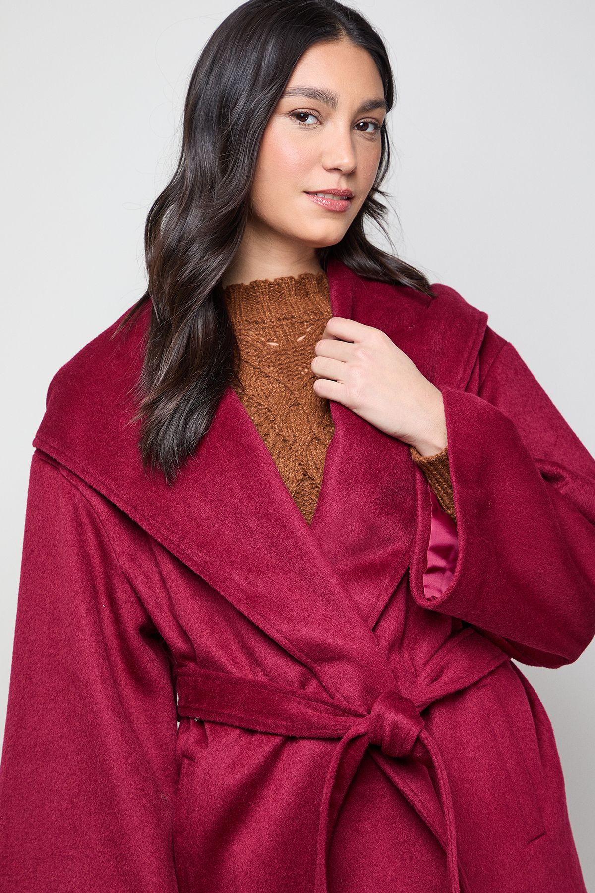 Oasis Hooded Cropped Belted Coat Berry image 3