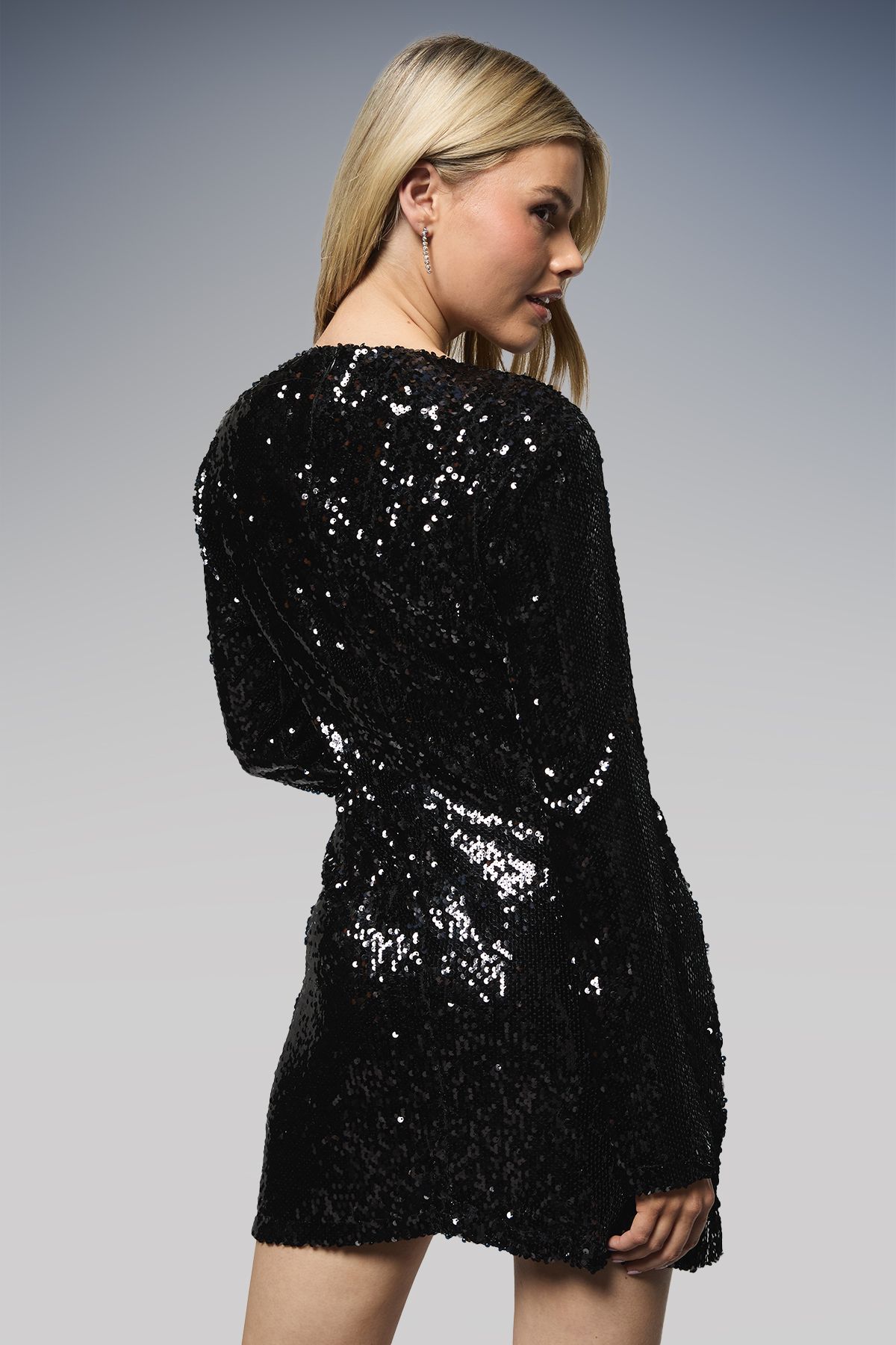 Dorothy Perkins Black Sequin Long Sleeve Ruched Wrap Mini Dress Black image 3