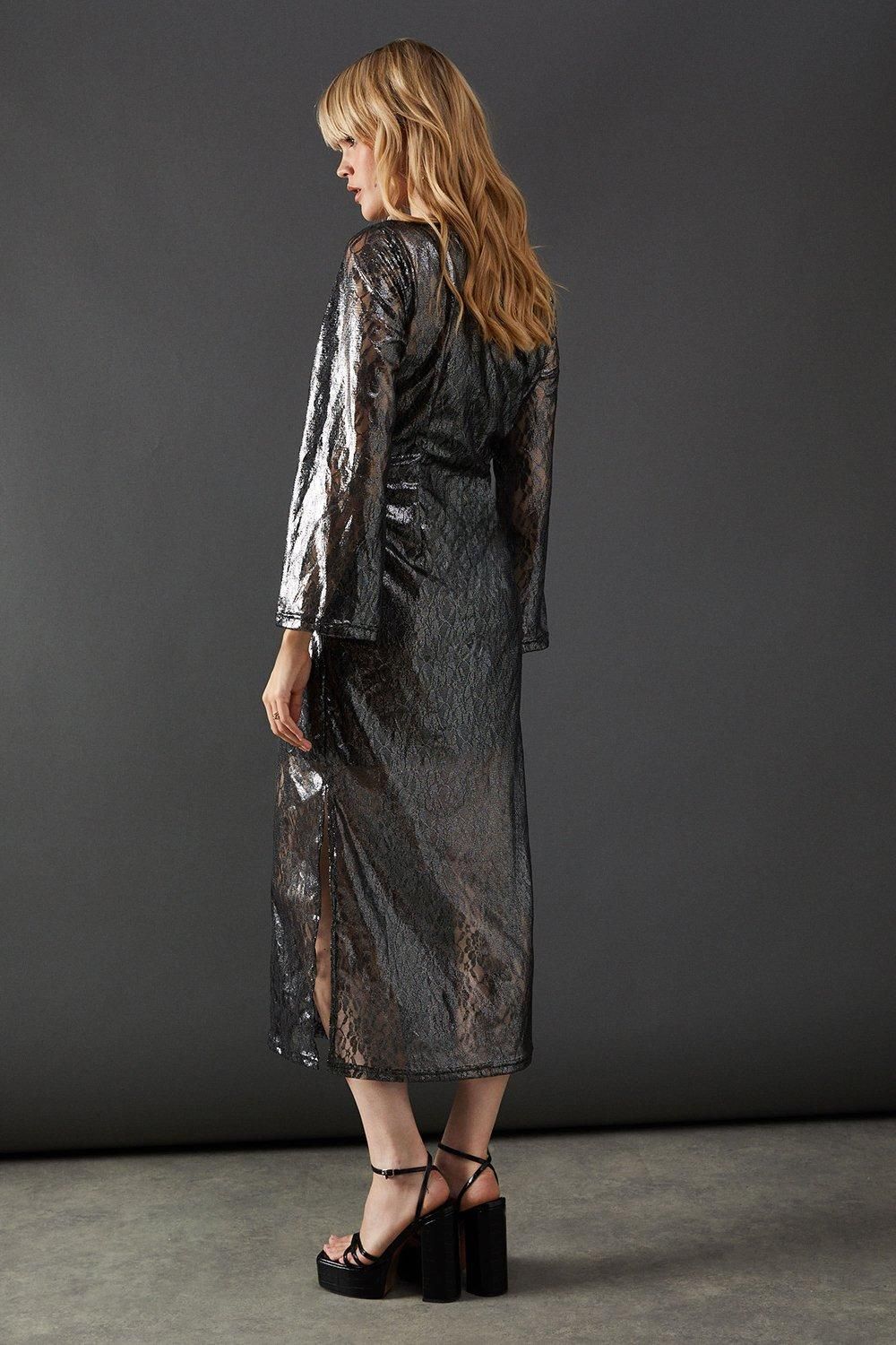 Warehouse Metallic Lace Column Midi Dress Silver image 3