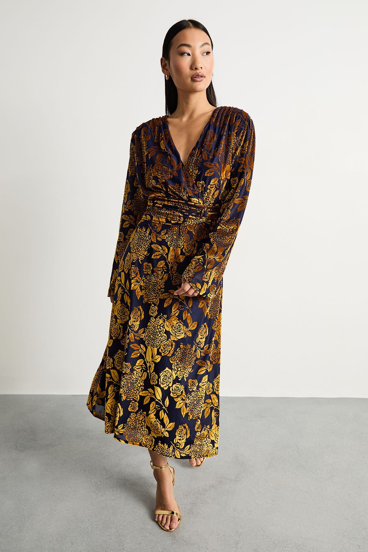 Warehouse Petite Devore Plunge Neck Knot Waist Balloon Sleeve Midi Dress Navy image 1