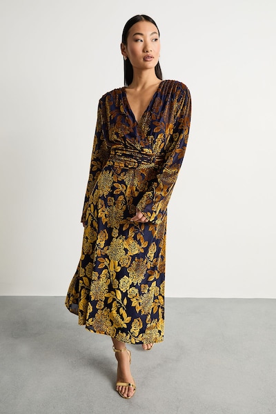 Warehouse Petite Devore Plunge Neck Knot Waist Balloon Sleeve Midi Dress Navy