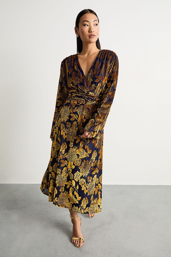 Warehouse Petite Devore Plunge Neck Knot Waist Balloon Sleeve Midi Dress Navy