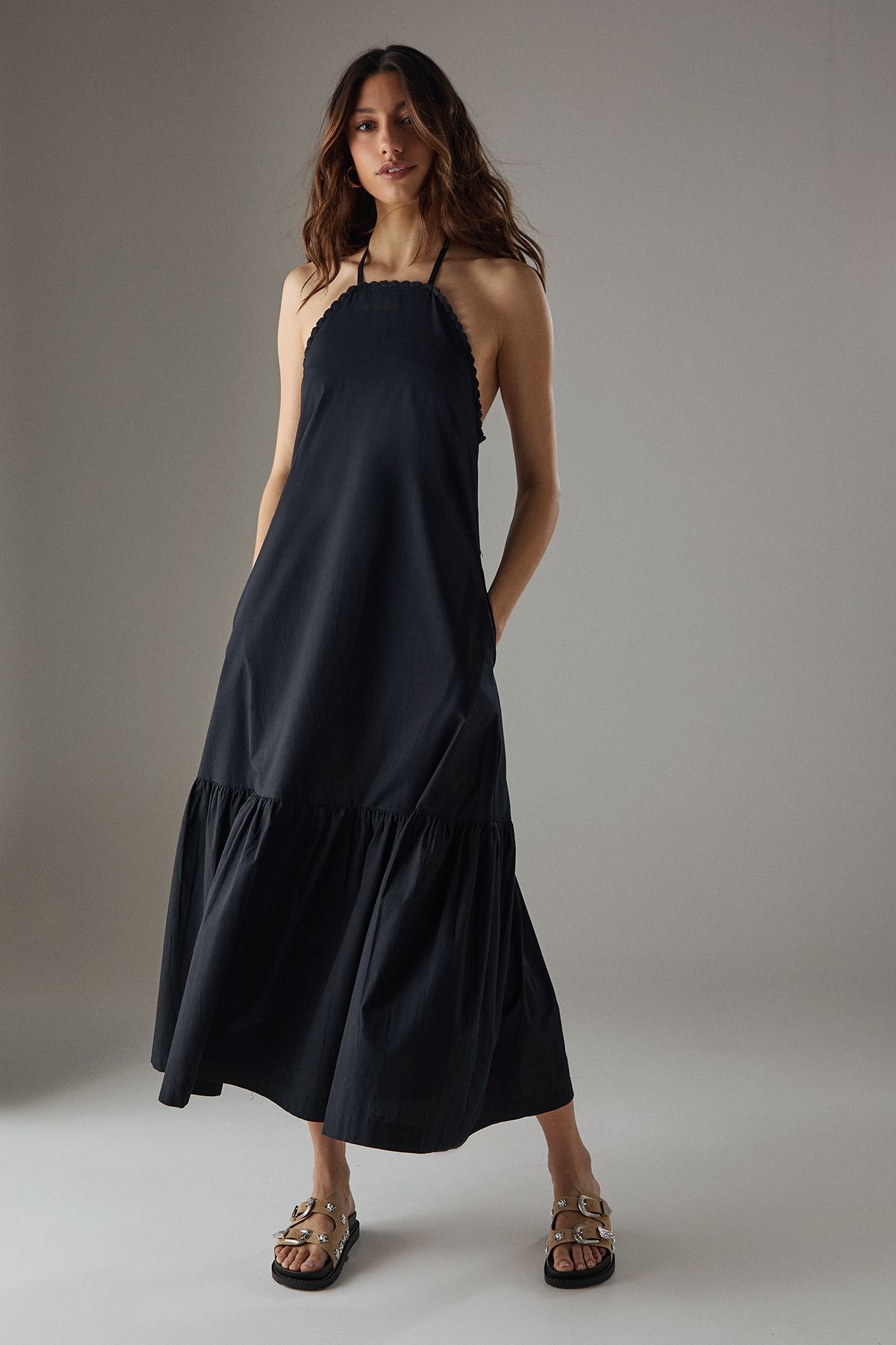 Warehouse Poplin Crochet Trim Drop Waist Midi Sundress Black image 1