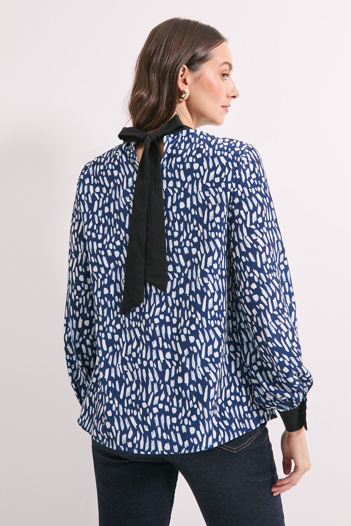 Principles Blue Print High Neck Tie Back Volume Blouse Blue image 3