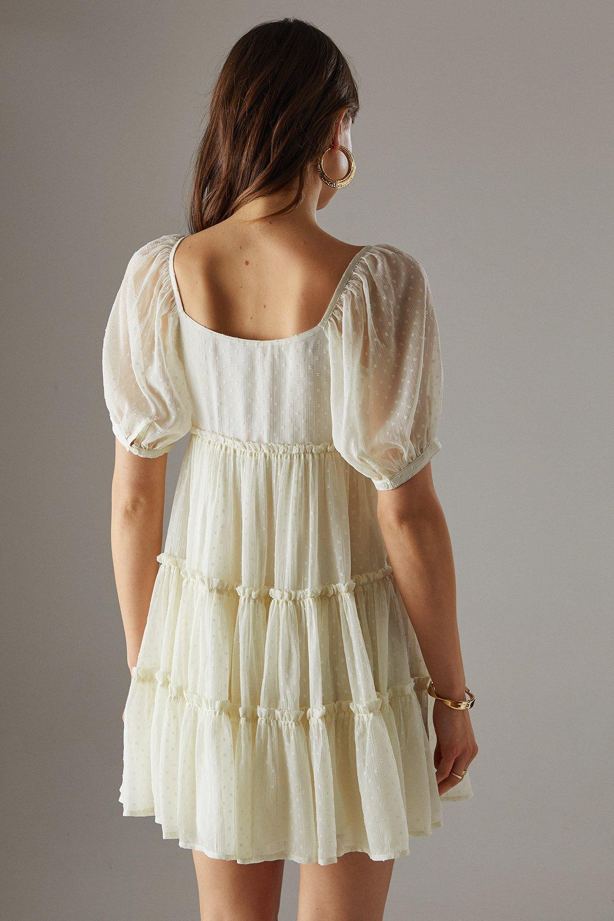 Warehouse Dobby Chiffon Button Mini Smock Dress Cream image 3
