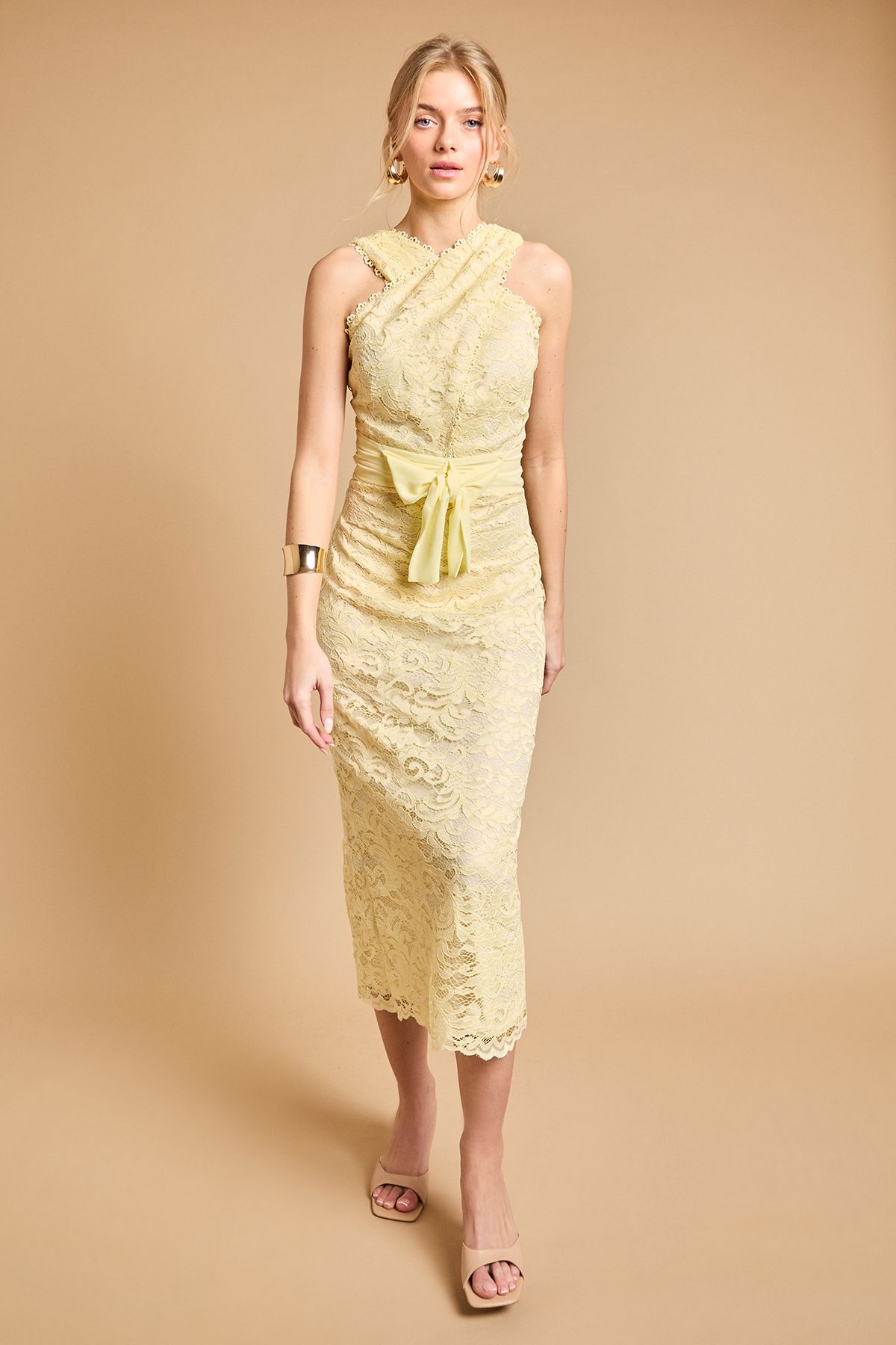 Oasis Embroidered Mesh Lace Halterneck Midi Dress Chartreuse