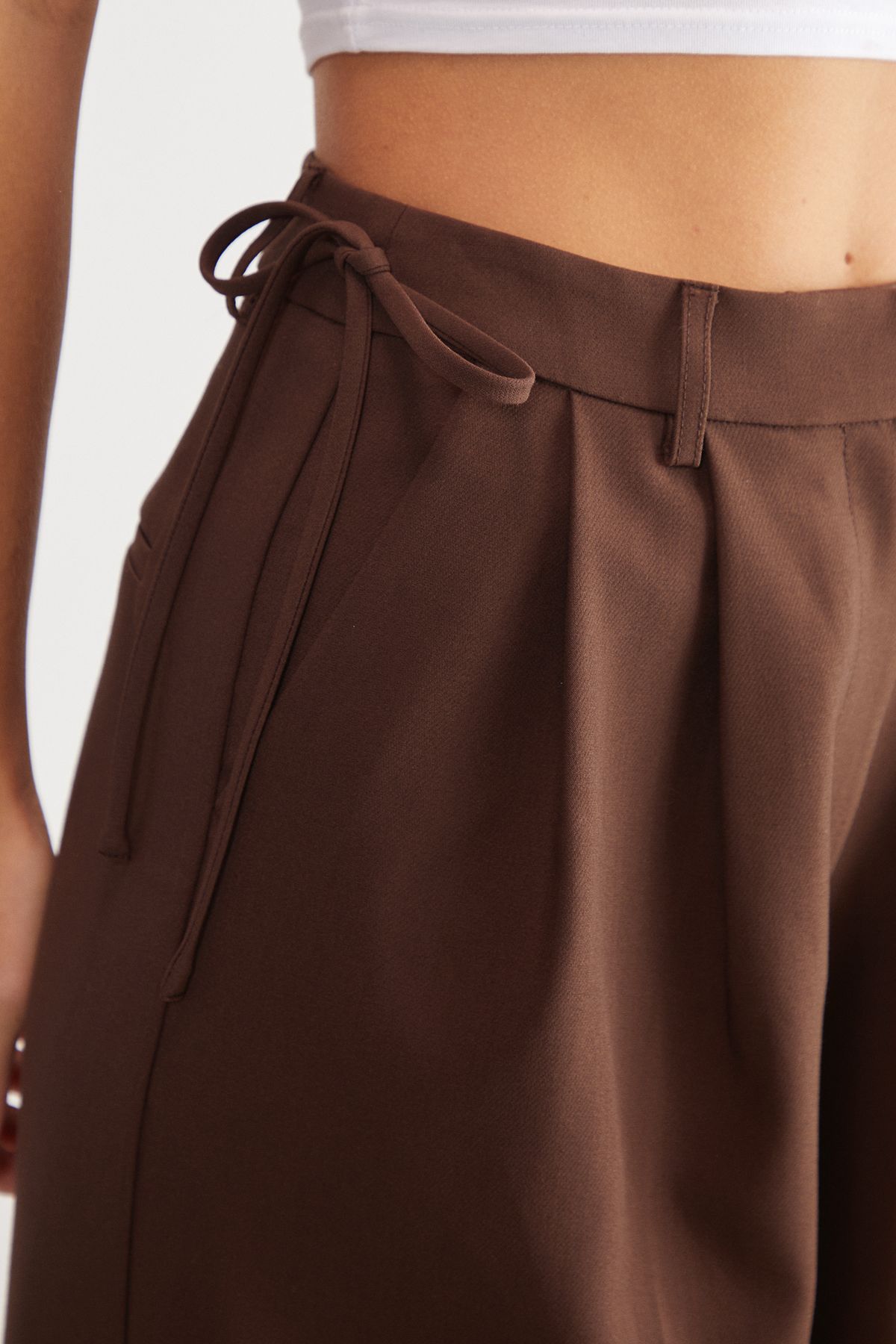 NastyGal Premium Tailored Tie Detail Trouser Choc Brown image 3