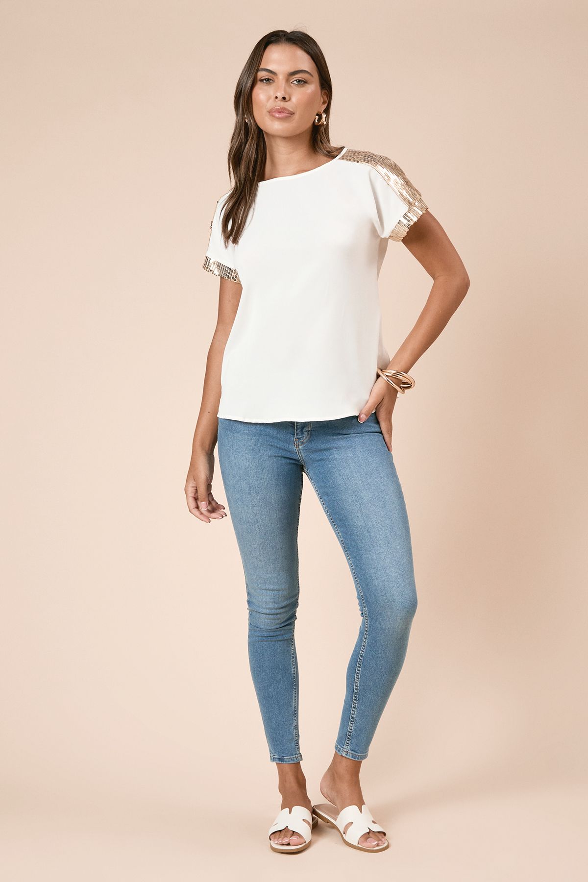 Dorothy Perkins Short Sleeve T-Shirt Sequin Blouse Ivory image 2