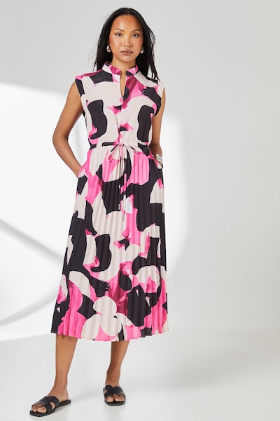 Principles Pink Abstract Print Pleated Skirt Zip Front Midi Dress Pink