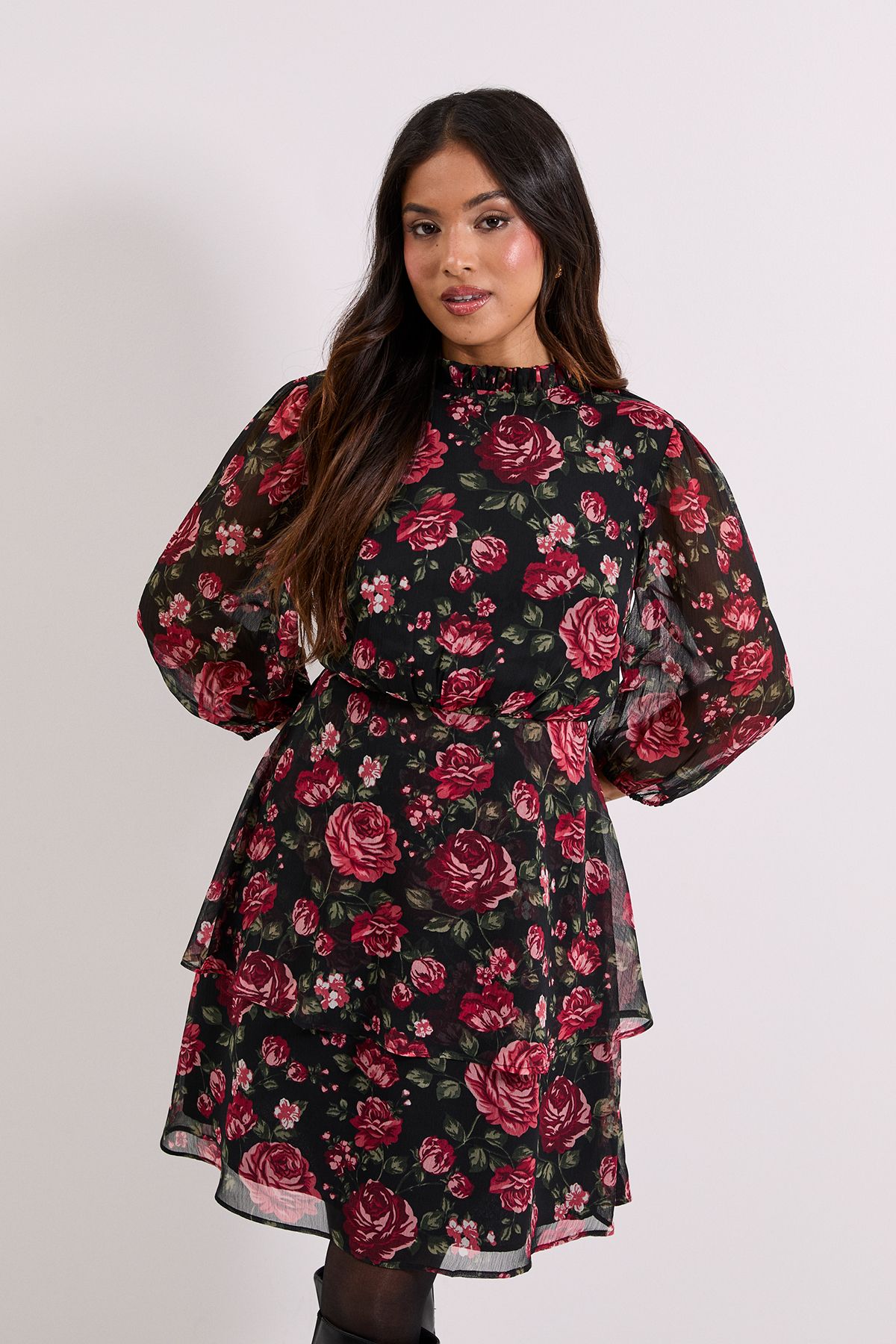 Dorothy Perkins Petite Floral Frill Neck Tiered Skirt Printed Mini Dress Floral image 2