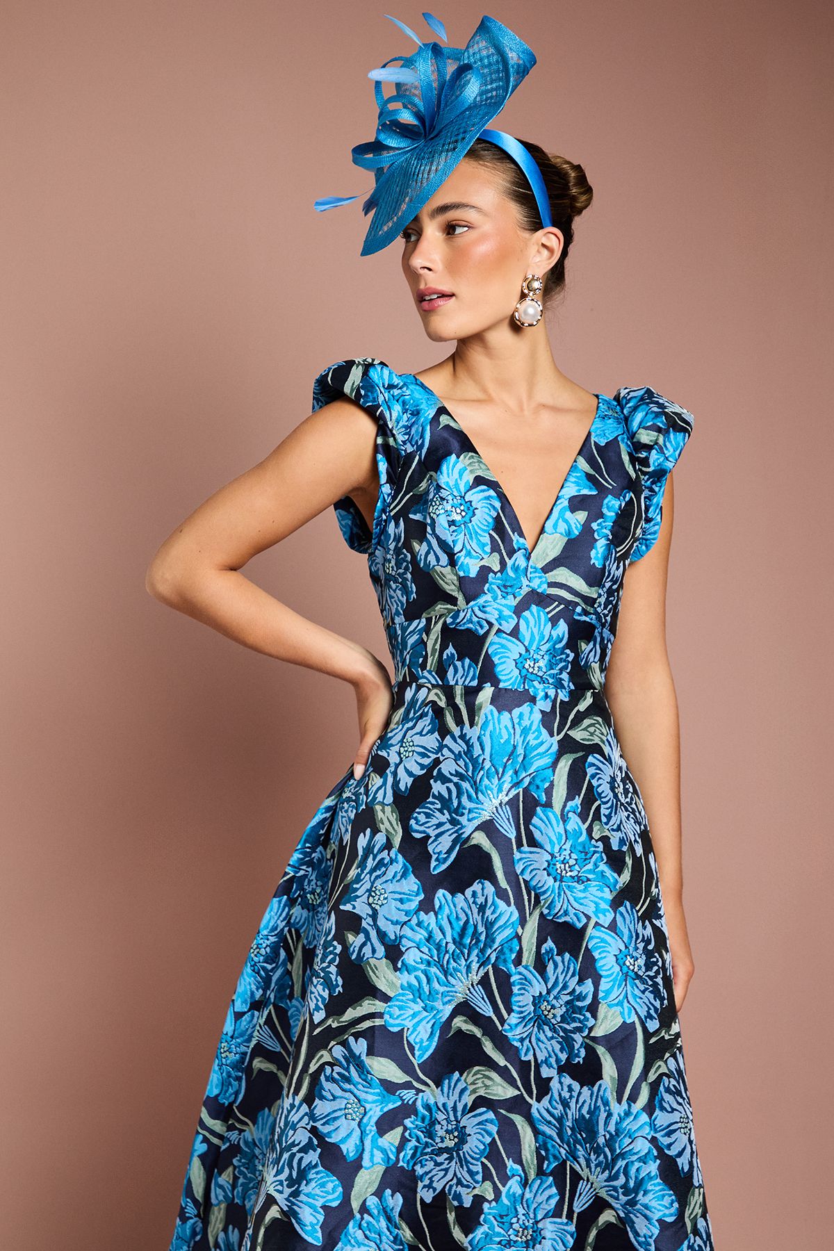 Coast V Neck Floral Jacquard Midi Dress Blue image 2