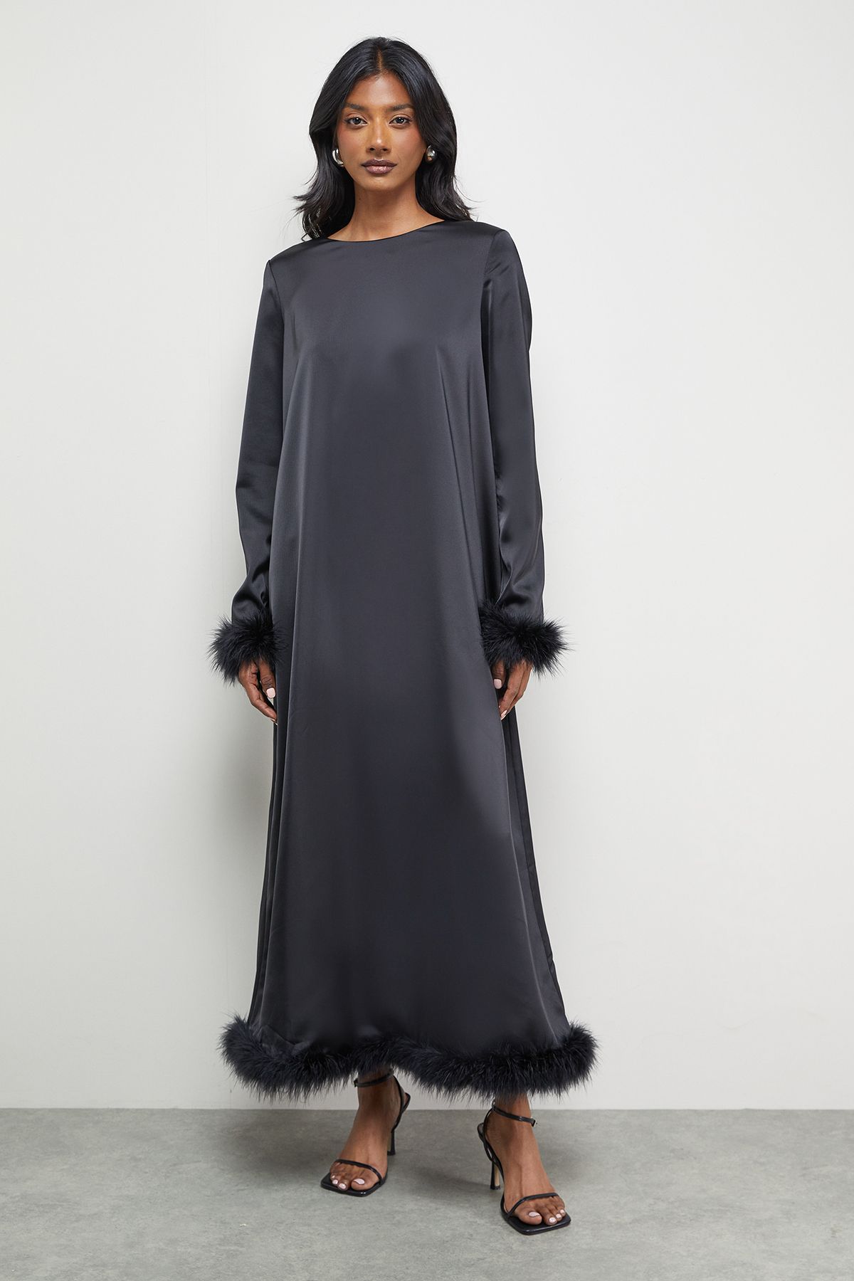 Warehouse Premium Satin Feather High Neck Swing Midi Dress Black image 1